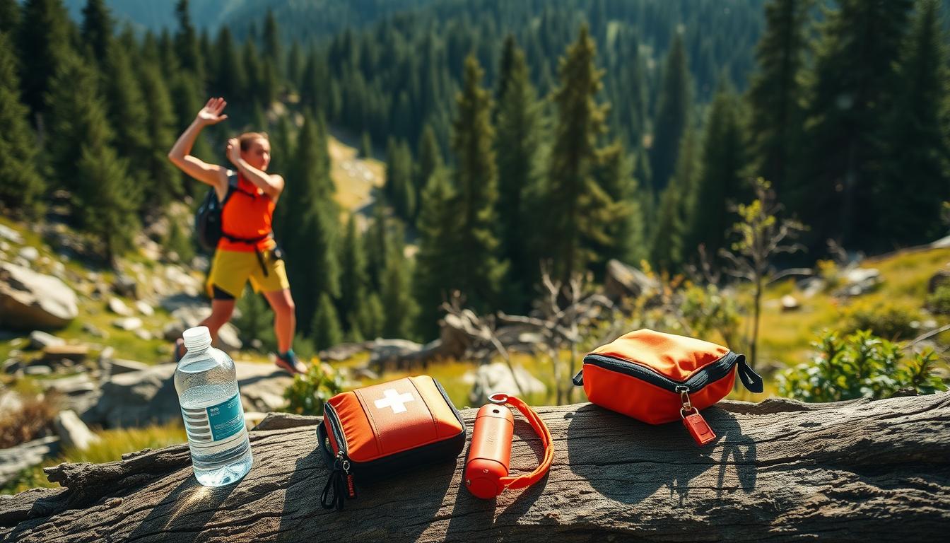 Vibrant wilderness workout safety protocols. A rugged, mountainous landscape with lush evergreen forests in the background. In the foreground, a hiker in bright athletic gear stretches and warms up, preparing for a high-intensity workout. Nearby, a first-aid kit, water bottle, and emergency whistle are neatly arranged on a fallen tree trunk. Dappled sunlight filters through the canopy, casting a warm glow over the scene. The mood is one of adventure and preparedness, with a sense of the invigorating challenge that lies ahead. Vibrant wilderness workout safety protocols. A rugged, mountainous landscape with lush evergreen forests in the background. In the foreground, a hiker in bright athletic gear stretches and warms up, preparing for a high-intensity workout. Nearby, a first-aid kit, water bottle, and emergency whistle are neatly arranged on a fallen tree trunk. Dappled sunlight filters through the canopy, casting a warm glow over the scene. The mood is one of adventure and preparedness, with a sense of the invigorating challenge that lies ahead.