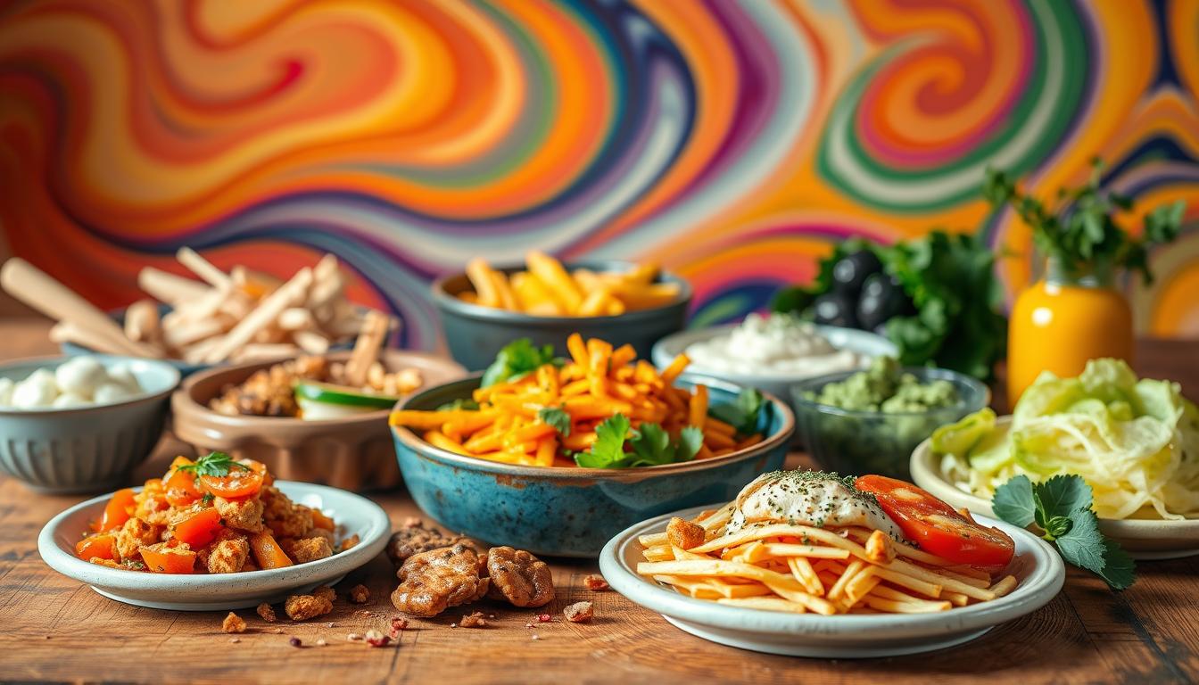a closeup shot of a variety of easy low carb recipes arranged artfully on a wooden table, with a light, airy atmosphere and vibrant swirling colors in the background, capturing the essence of quick and healthy dinner options, shot with a wide-angle lens and warm, natural lighting to create an inviting and appetizing scene.