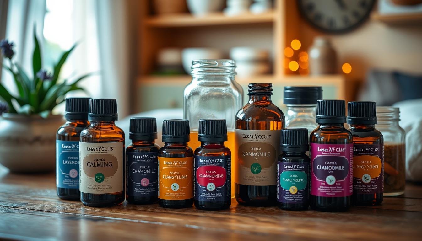 a collection of essential oil bottles and jars, arranged on a wooden table in a warm, cozy setting. The bottles are filled with various calming scents like lavender, chamomile, and ylang-ylang, all with vibrant, saturated colors. The lighting is soft and diffused, creating a serene, relaxing atmosphere. The bottles are positioned in a visually appealing way, with some in the foreground, others in the middle ground, and a few in the background, creating a sense of depth and balance. The wooden table surface adds a natural, earthy element, complementing the organic nature of the essential oils. The overall scene evokes a sense of tranquility and rest, perfectly capturing the essence of the "Best Essential Oils for a Restful Night" section.