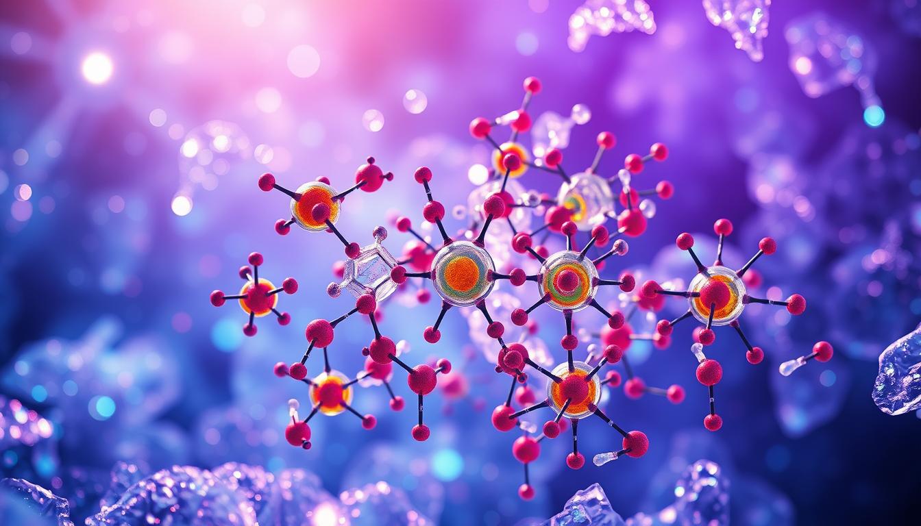 a complex, multicolored molecular diagram depicting the intricate chemical processes involved in advanced freezing techniques for low-carb cooking, with a focus on cryogenic preservation of nutrients and flavors; the scene is backlit by a radiant array of shimmering blue and purple hues, creating a sense of scientific grandeur and visual depth; the design is rendered with technical precision, conveying the sophisticated nature of the subject matter through a balance of structural elegance and vibrant, swirling colors
