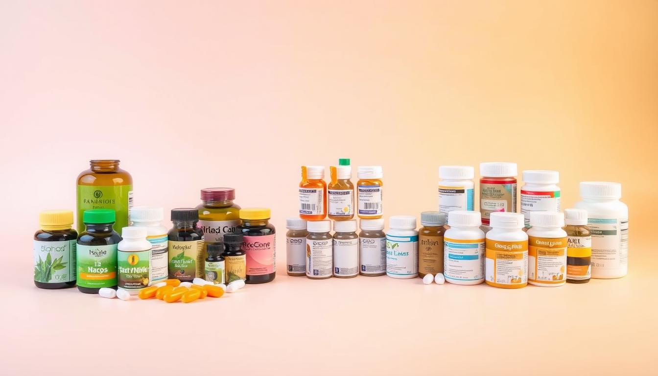 a cost comparison of herbal supplements and prescription medications, displayed as a clean and informative infographic. the foreground shows a collection of various herbal supplements, their bottles and packaging arranged in an organized grid. the middle ground depicts a stack of prescription pill bottles, neatly arranged and labeled. the background is a vibrant, pastel-colored gradient, creating a clean and modern aesthetic. the lighting is soft and diffused, highlighting the details of the products. the angle is a slightly elevated perspective, giving an overview of the comparison. the overall mood is one of clarity, balance, and attention to detail, conveying the key information in a visually appealing way.