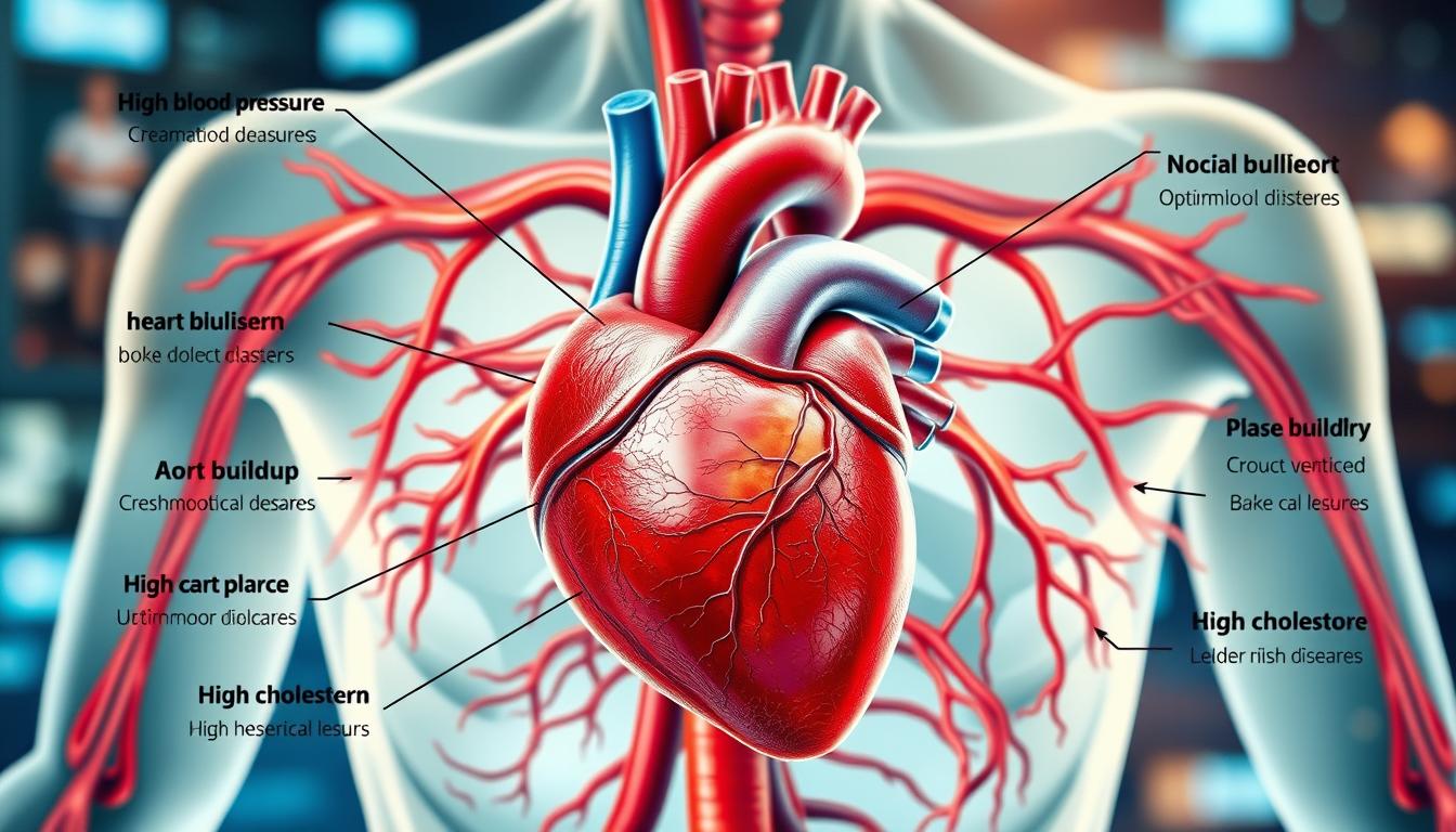a detailed anatomical illustration of the human cardiovascular system, showcasing the key risk factors for heart disease. the image should depict the heart, arteries, and veins in a vibrant, life-like style, with clear labeling of components like the aorta, ventricles, and major blood vessels. the foreground should feature a close-up view of the heart, surrounded by visual representations of unhealthy factors like plaque buildup, high blood pressure, and high cholesterol levels. the middle ground should show the circulatory system branching out, with some areas highlighted to indicate restricted blood flow. the background should provide a sense of depth, with a subtly blurred cityscape or medical imagery to reinforce the health risks context. the overall composition should convey a sense of urgency and the need for cardiovascular health awareness.