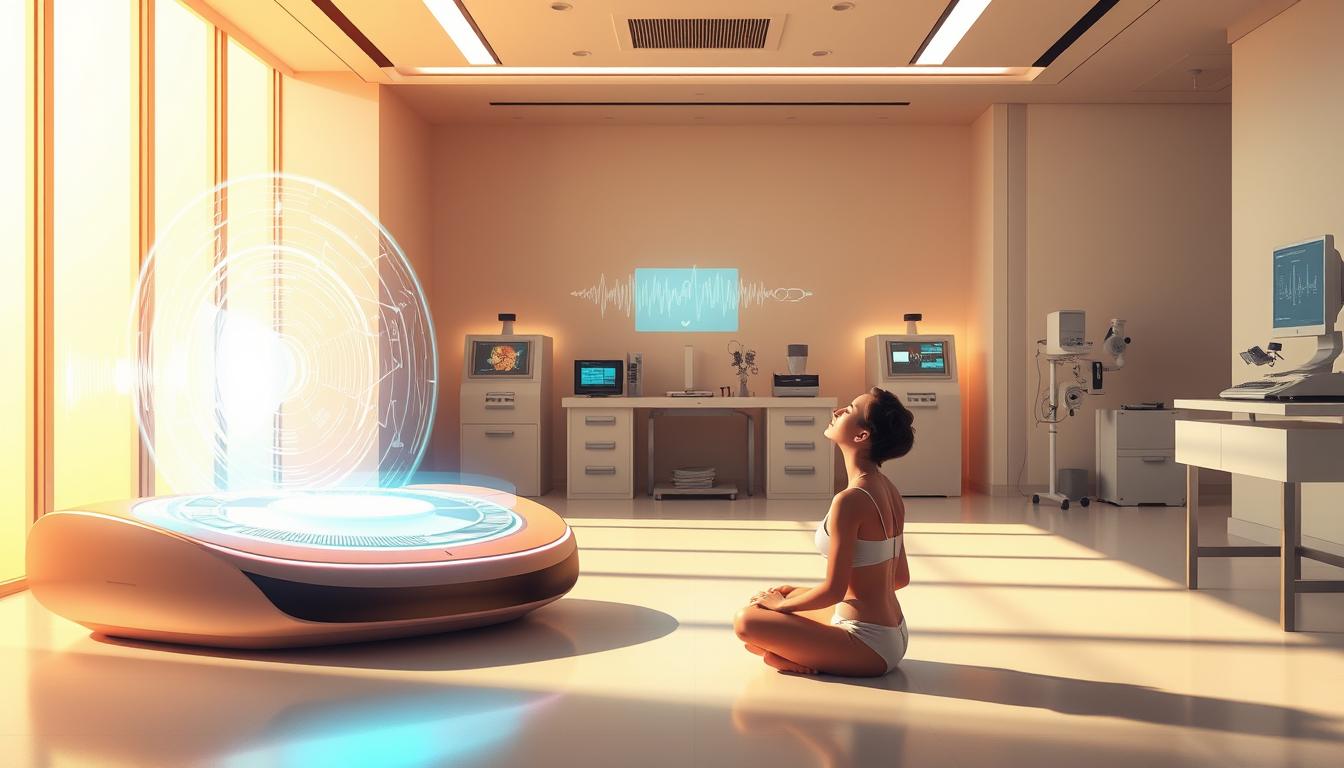 a detailed digital illustration of the science behind sound therapy, set in a serene, minimalist laboratory environment. In the foreground, a person sits cross-legged on the floor, eyes closed, as vibrant sound waves emanate from a sleek, futuristic sound therapy device. The middle ground features various scientific instruments and equipment, with glowing displays and holographic projections illuminating the space. The background is bathed in a warm, natural light, with clean, geometric architecture and a sense of calm, contemplative atmosphere. The overall scene conveys the intersection of science, technology, and the restorative power of sound.
