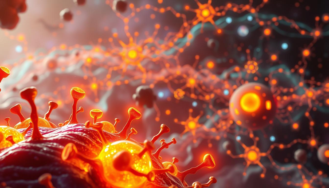 a detailed digital painting of cellular regeneration and ketosis, with a vibrant, sci-fi-inspired aesthetic. in the foreground, glowing mitochondria and organelles pulsing with energy, representing the process of cellular renewal. in the middle ground, a network of intricate biological pathways and signaling cascades, illuminated by a warm, golden light. in the background, a swirling, ethereal landscape of metabolic processes, with flickering neon-like colors and a sense of depth and movement. the overall composition conveys the dynamic and interconnected nature of cellular regeneration, with a focus on the role of ketosis in this process. the lighting is dramatic, with dramatic shadows and highlights to accentuate the technical details. the image has a sense of scientific wonder and discovery.