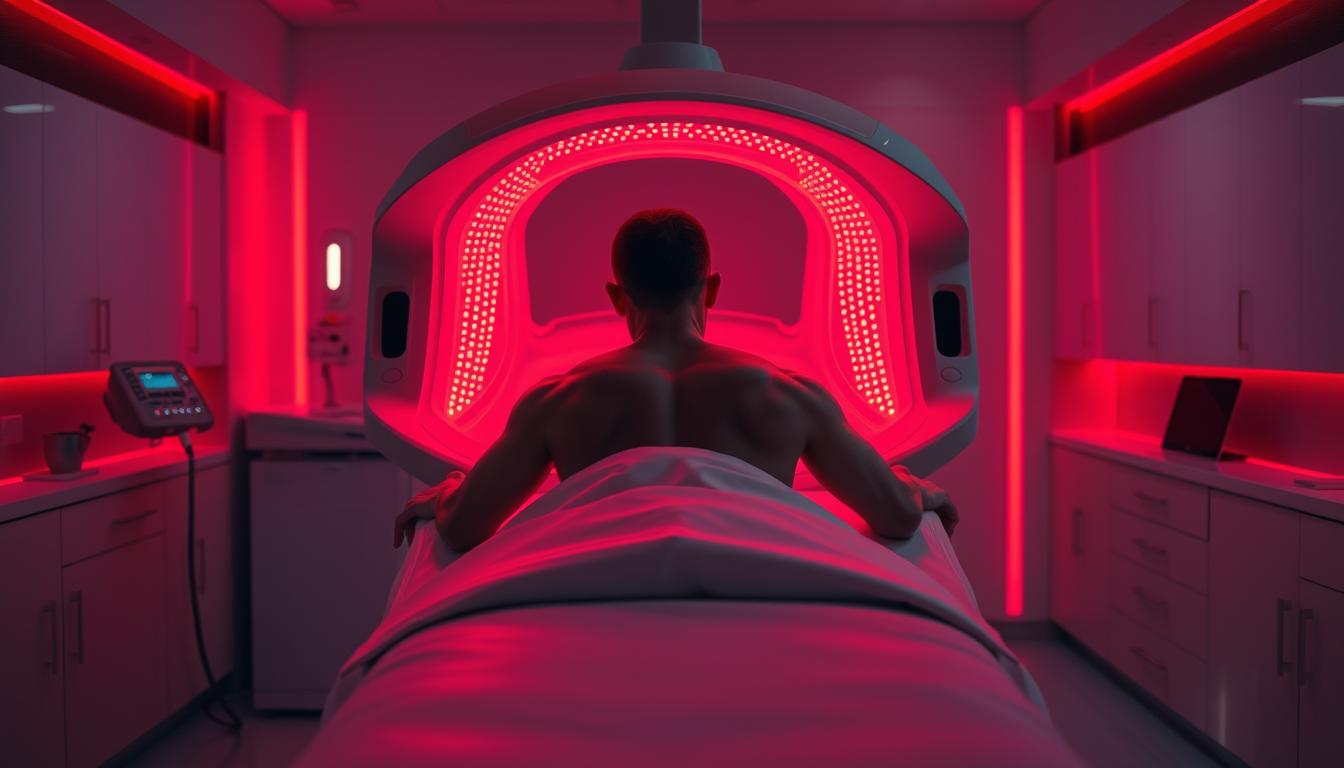 a detailed, high-resolution image of a person receiving red light therapy for pain relief and muscle recovery, set in a modern, clinical environment. The subject is positioned comfortably on a treatment table, surrounded by a futuristic-looking red light therapy device that bathes them in a warm, pulsing crimson glow. The lighting is dramatic, with soft shadows and highlights that accentuate the vibrant, therapeutic nature of the scene. The background features clean, minimalist medical decor, with sleek, vibrant-red accents that complement the primary lighting. The overall mood is serene, calming, and focused on the healing power of red light therapy.