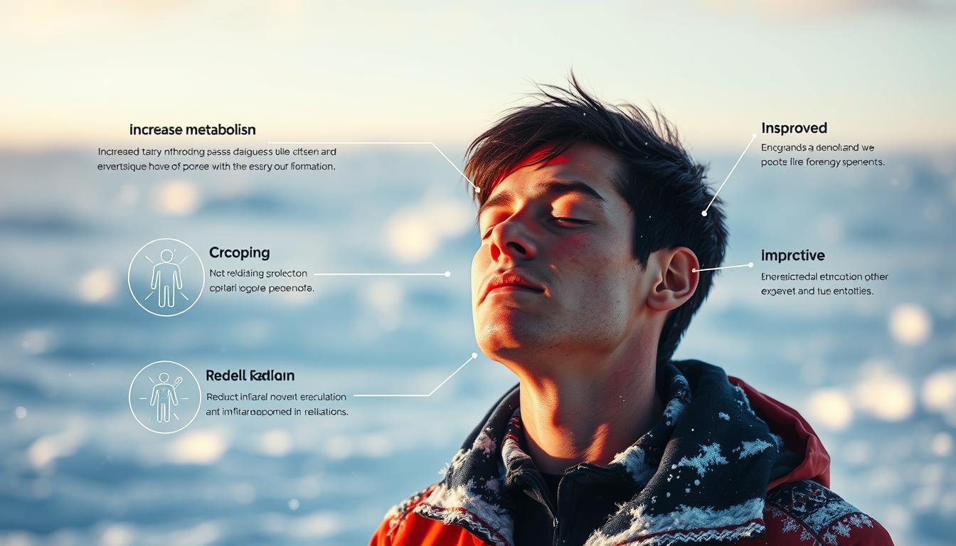 a detailed illustration of the key benefits of cold exposure, featuring a person experiencing the positive effects of extreme temperatures on their body and mind. The foreground depicts a person in a snowy winter landscape, their face flushed with vibrant color, eyes closed in a state of calm focus. The middle ground showcases various physiological responses like increased metabolism, improved circulation, and reduced inflammation, represented through dynamic visual metaphors. The background sets the scene with a serene, icy environment, the lighting casting a cool, vibrant glow across the entire composition. The overall mood is one of invigorating wellness, the person radiating a sense of revitalized energy and mental clarity.