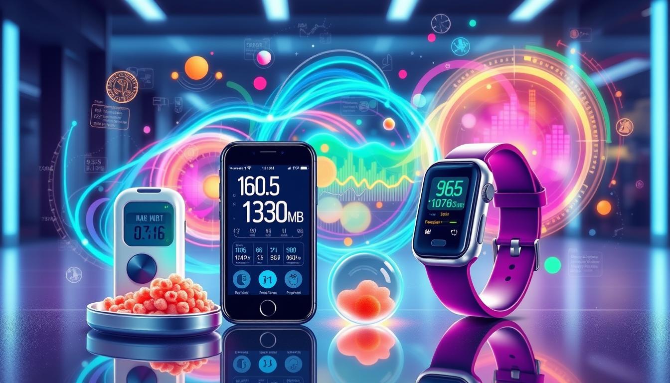 a detailed, vibrant digital illustration of various digital sugar detection tools including a blood glucose monitor, a smart phone app, and a wearable fitness tracker, all surrounded by a swirling, colorful data visualization of nutritional information and metabolic data, showcased in a modern, high-tech setting with clean lines, cool lighting, and a sleek, minimal aesthetic