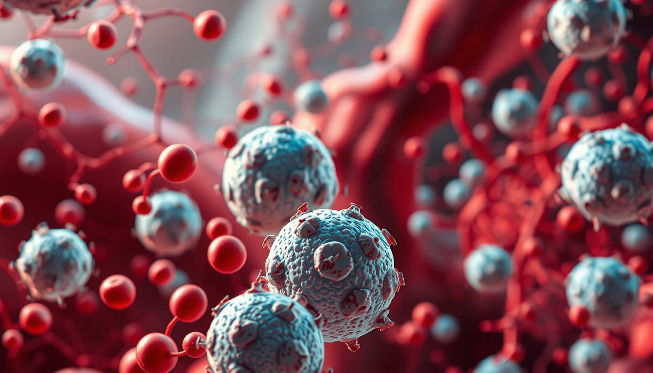 a detailed, vibrant digital illustration of white blood cells defending the human immune system, featuring a close-up view of the foreground with several globular white blood cells surrounded by smaller red blood cells, with a middle ground showcasing a network of blood vessels and capillaries, and a blurred background hinting at the complexity of the circulatory system, all rendered in a realistic and scientifically accurate style with a warm, vibrant color palette and dramatic lighting to convey the vital importance of the immune system's protective function
