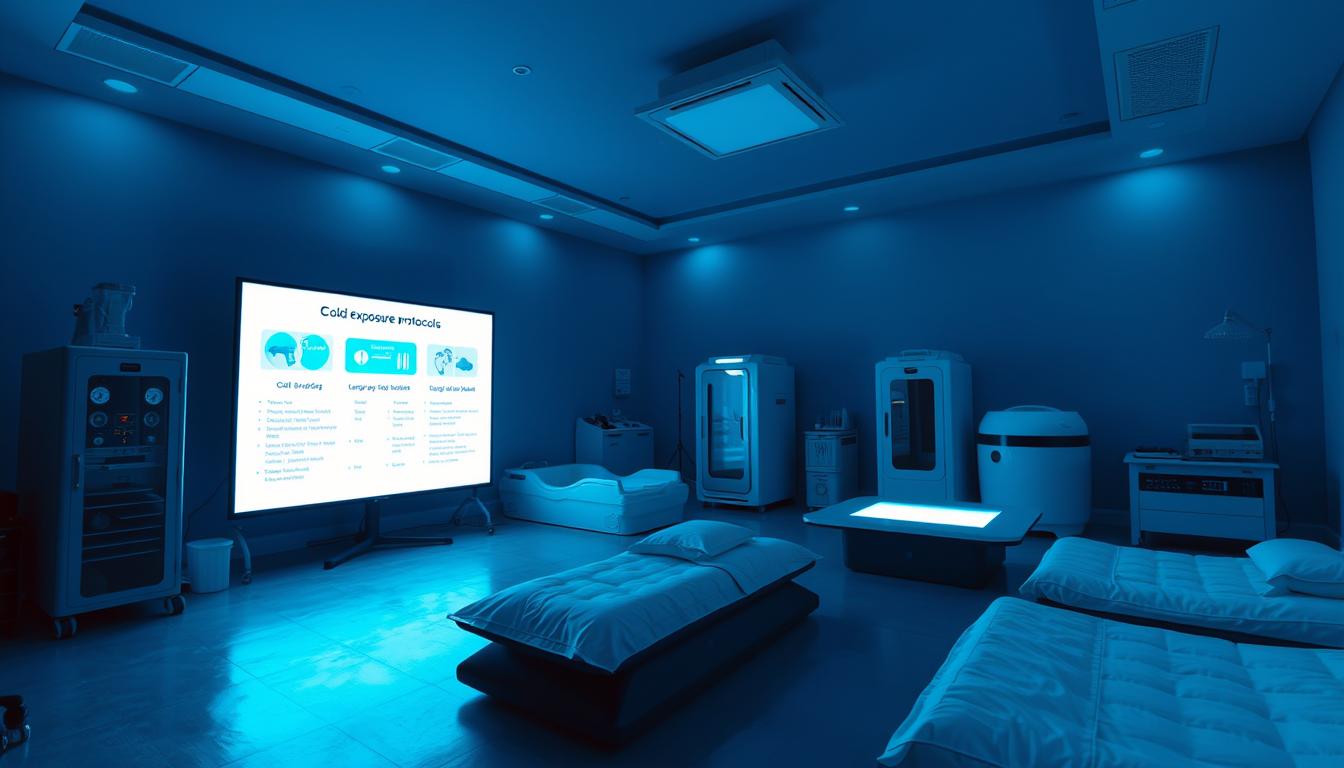 a dimly lit room, cold exposure protocols displayed on a large screen in the foreground, with various cold therapy equipment such as cryotherapy chambers, ice baths, and cooling pads arranged neatly around the room. The lighting is cool and blue-tinted, creating a vibrant, minimalist atmosphere. The scene is captured from a low angle, emphasizing the technical details and clinical feel of the setup. The room is sparsely decorated, with clean lines and a sense of focus on the cold exposure protocols and their implementation.