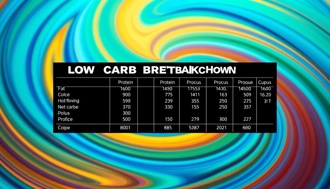 a high-contrast, brightly-lit macronutrient chart showcasing the nutritional breakdown of various low-carb coffee recipes, with clean, precise typography highlighting the key macros - fat, protein, and net carbs. The chart is set against a swirling, vibrant backdrop of blues, greens, and oranges, creating a modern, minimalist aesthetic. The layout is balanced and visually striking, drawing the viewer's attention to the essential nutritional information. The image has a sharp, detailed focus, captured with a wide-angle lens to provide a comprehensive view of the data. The overall mood is one of clarity, informativeness, and visual interest, perfectly suited to illustrate the "Macronutrient Breakdown" section of the article.