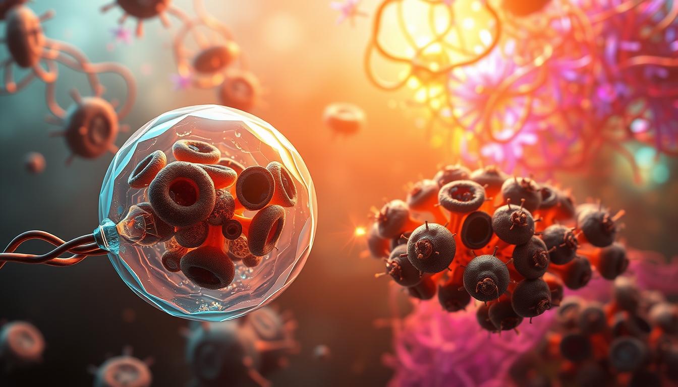 a highly detailed, digitally rendered illustration of the biological process of autophagy and cell regeneration. the foreground depicts a single human cell in cross-section, with visible mitochondria, endoplasmic reticulum, and other organelles. the middle ground shows clusters of these cells undergoing autophagy, with damaged or aged components being broken down and recycled. the background features a vibrant, colorful depiction of the cellular matrix, with intricate web-like structures and dynamic flows of energy. the lighting is soft and warm, creating a sense of vitality and rejuvenation. the overall composition is designed to convey the intricate, elegant science behind the role of fasting in cellular regeneration.