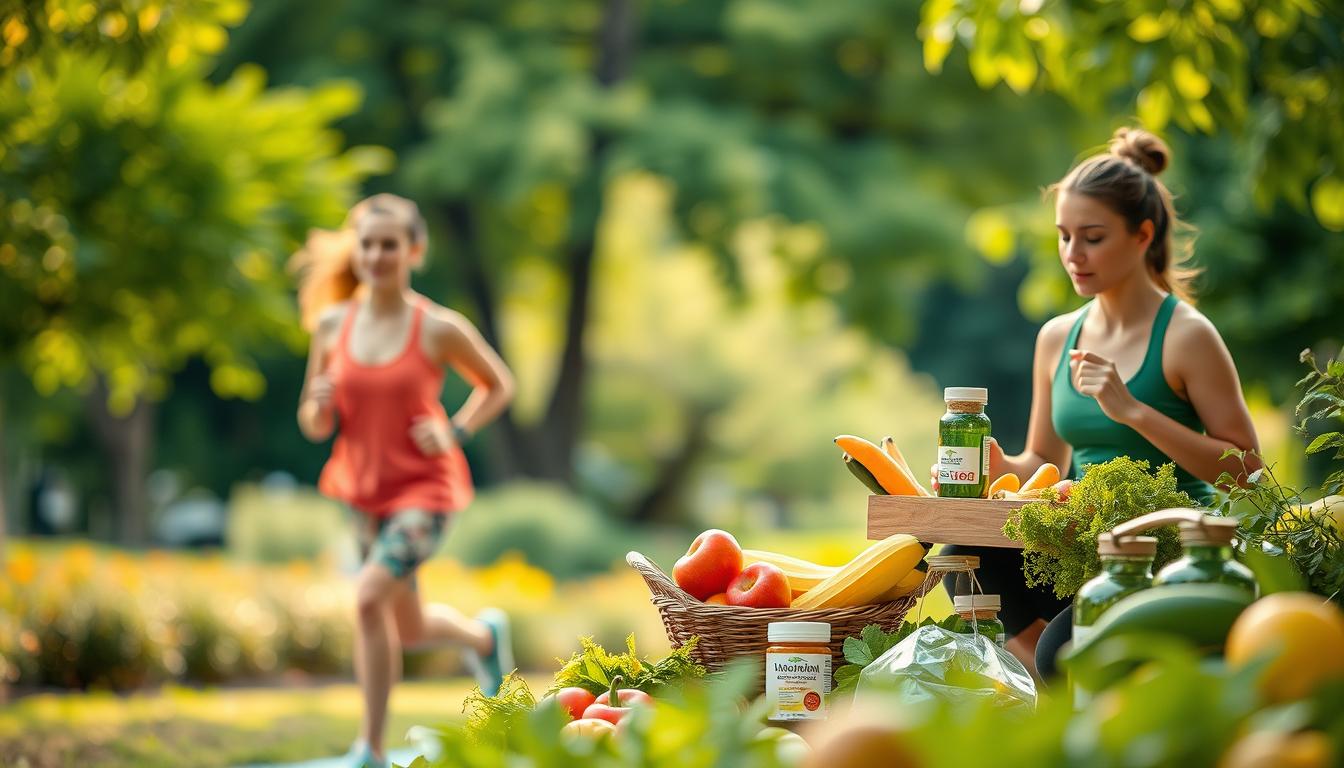 a highly detailed photorealistic image of a vibrant, healthy lifestyle that reduces cancer risk, with a well-lit foreground showing a person engaging in a variety of cancer-preventative activities such as jogging, yoga, eating fresh produce, and taking supplements, all set against a blurred, out-of-focus background of a lush, verdant park or garden scene with warm, natural lighting, a shallow depth of field, and a sense of calm and serenity