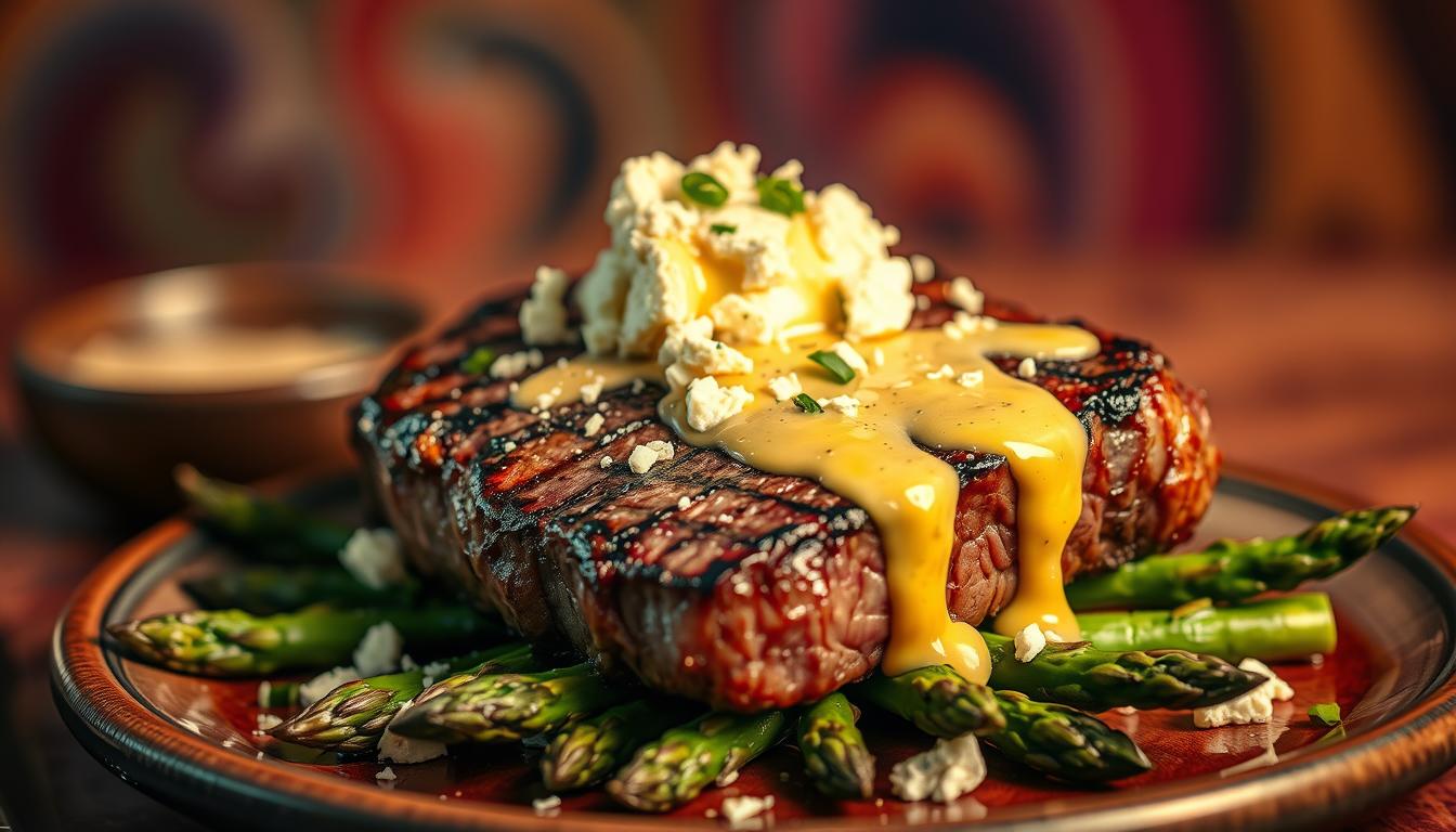 a mouthwatering low-carb steakhouse meal featuring a thick, juicy ribeye steak seared to perfection, served atop a bed of tender grilled asparagus spears, garnished with a sprinkle of crumbled bleu cheese and a drizzle of rich, creamy hollandaise sauce. The scene is set against a backdrop of vibrant swirling colors, creating a striking and appetizing visual. Captured in warm, soft lighting with a shallow depth of field that draws the eye to the succulent steak, this image evokes the cozy, indulgent atmosphere of an upscale steakhouse.