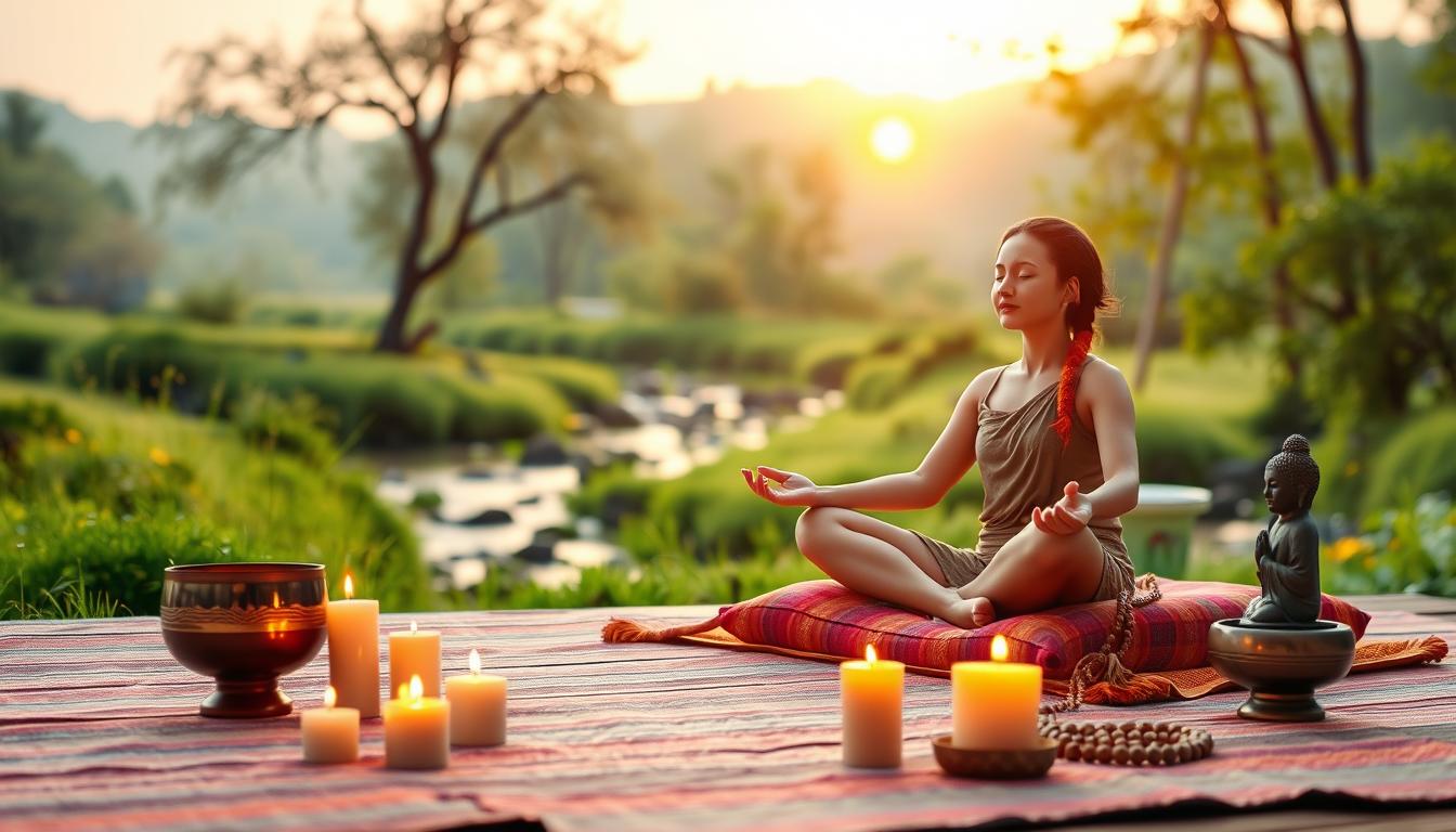 a serene and peaceful scene depicting basic meditation techniques for beginners. a person sitting cross-legged on a vibrant meditation cushion, surrounded by candles and incense burning in the foreground. the middle ground showcases various meditation tools such as singing bowls, mala beads, and a buddha statue. the background features a tranquil nature scene with lush greenery, a flowing stream, and a warm, diffused lighting from the setting sun, creating a calming and introspective atmosphere. the overall image conveys a sense of harmony, mindfulness, and the simplicity of starting a meditation practice.