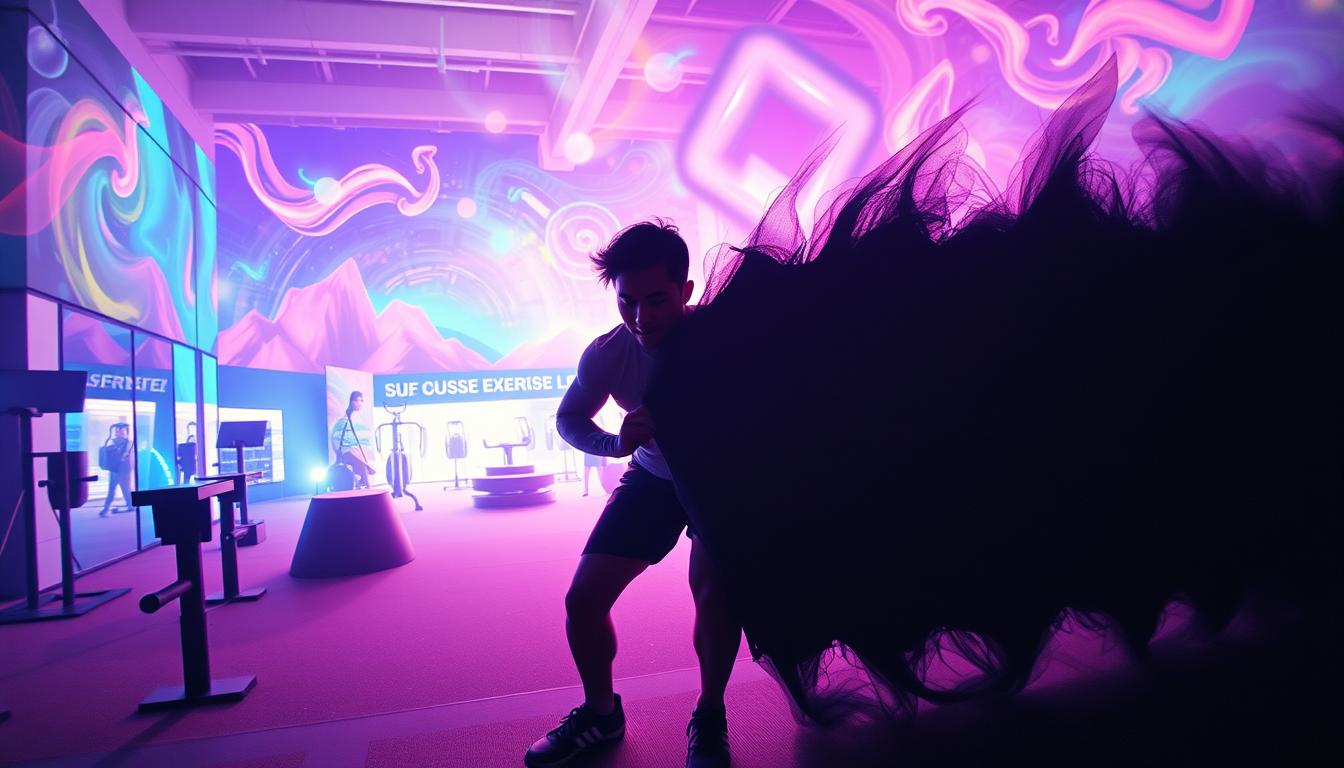 a surreal and vibrant scene of a person overcoming exercise barriers, with the foreground depicting a determined individual pushing through a looming, shadowy obstruction, the middle ground showcasing a bright, energetic fitness landscape with various equipment and accessories, and the background revealing a dreamlike, ethereal environment filled with swirling, colorful energy; the lighting is dramatic, with sharp contrasts and a sense of dynamic movement; the overall atmosphere conveys a powerful, inspirational message of perseverance and personal growth