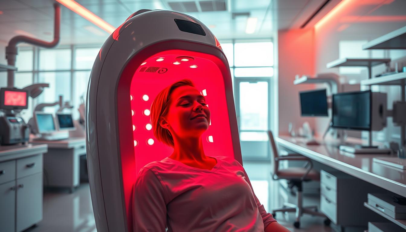 a vibrant and detailed image of red light therapy science, featuring a person sitting in a specialized red light therapy device, surrounded by a clean, modern medical laboratory setting. The foreground shows the person bathed in the warm, reddish glow of the therapy lights, their face relaxed and serene. The middle ground depicts various medical equipment and instruments, including diagnostic monitors and clinical shelving, all illuminated by the red light. The background showcases the laboratory's sleek, minimalist design, with large windows allowing natural light to filter in, creating a sense of openness and scientific exploration. The overall atmosphere conveys the therapeutic and rejuvenating nature of red light therapy, highlighting its scientific and medical applications.