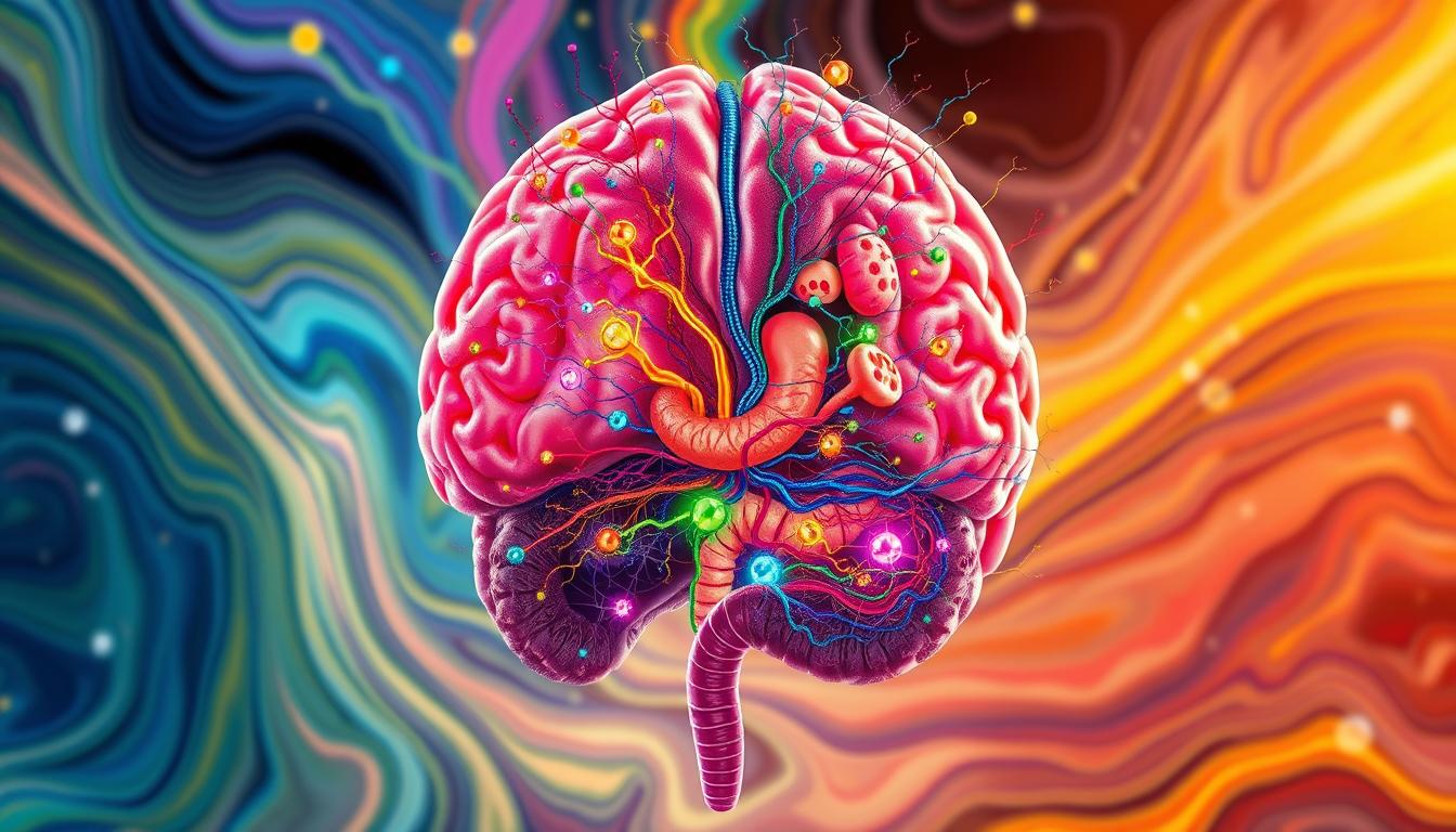 a vibrant cross-section illustration of the gut-brain connection, depicting the intricate two-way communication between the digestive system and the central nervous system, represented by colorful neural pathways, neurotransmitters, and gut microbiome elements intertwined with digestive organs and the brain, all set against a dynamic, fluid background that conveys the dynamism and complexity of this intricate physiological relationship, shot with a wide-angle lens to capture the full scope of this interconnected system