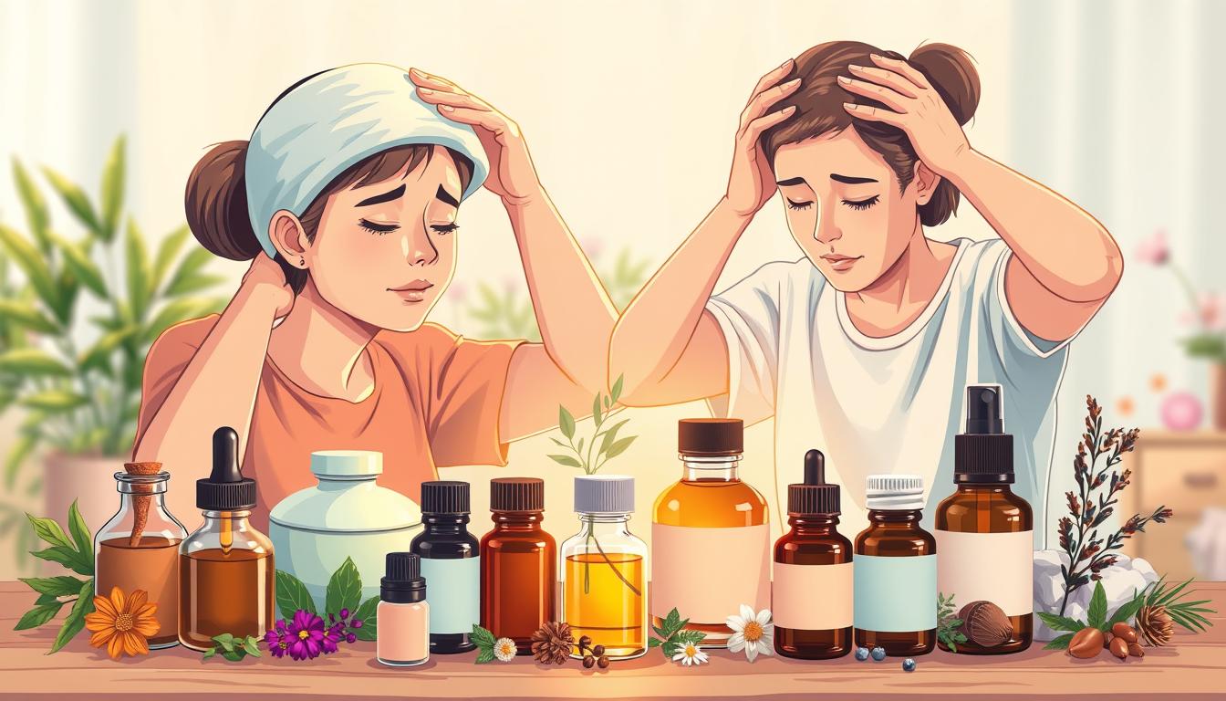a vibrant, detailed illustration of various natural migraine relief methods, including a person applying a cold compress to their forehead, another person massaging their temples, and an assortment of herbal remedies, essential oils, and other holistic treatments arranged in the foreground, all bathed in warm, soothing lighting and set against a blurred, calming background of natural elements like plants and soothing textures a vibrant, detailed illustration of various natural migraine relief methods, including a person applying a cold compress to their forehead, another person massaging their temples, and an assortment of herbal remedies, essential oils, and other holistic treatments arranged in the foreground, all bathed in warm, soothing lighting and set against a blurred, calming background of natural elements like plants and soothing textures