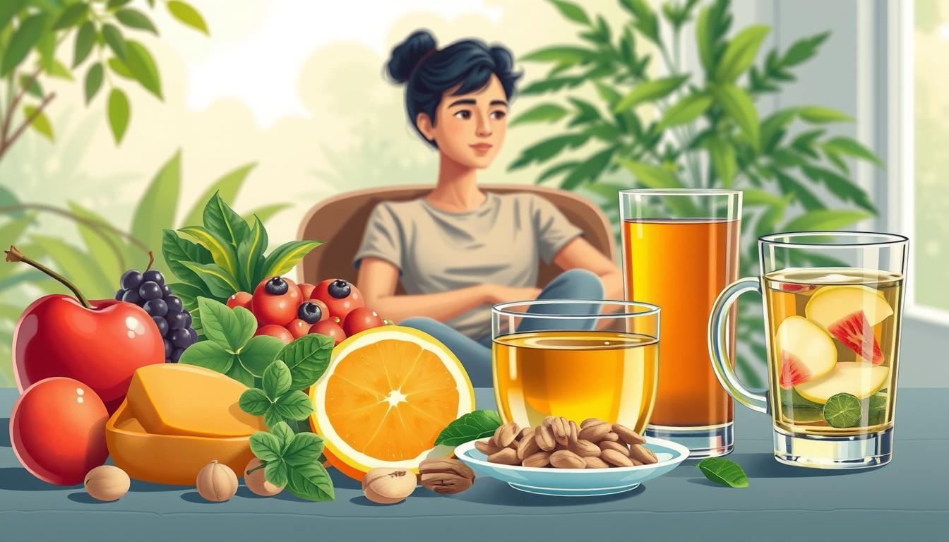 a vibrant, detailed illustration of various nutrition tips for craving control. in the foreground, a selection of healthy snacks and beverages such as fresh fruit, nuts, herbal tea, and a glass of water. in the middle ground, a person sitting in a comfortable chair, deep in thought, with a calm, focused expression. the background features a serene, nature-inspired setting with lush greenery, a soothing color palette, and soft, diffused lighting that creates a calming atmosphere. the overall scene conveys a sense of mindfulness, balance, and practical strategies for managing food cravings. a vibrant, detailed illustration of various nutrition tips for craving control. in the foreground, a selection of healthy snacks and beverages such as fresh fruit, nuts, herbal tea, and a glass of water. in the middle ground, a person sitting in a comfortable chair, deep in thought, with a calm, focused expression. the background features a serene, nature-inspired setting with lush greenery, a soothing color palette, and soft, diffused lighting that creates a calming atmosphere. the overall scene conveys a sense of mindfulness, balance, and practical strategies for managing food cravings.