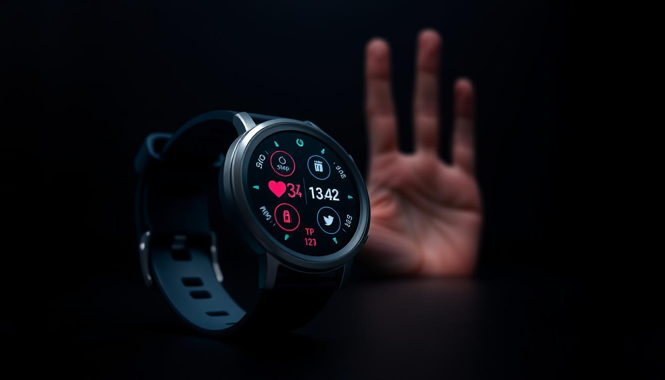 a vibrant, detailed image of fitness tracker technology, showcased on a sleek, modern smartwatch with a holographic display and various digital metrics like heart rate, steps, and calories burned. The watch is positioned on a dark background, with a soft, indirect lighting that highlights the device's clean lines and minimalist design. The foreground features the watch in a slightly elevated angle, capturing its elegant and functional aesthetic. The mid-ground includes a faint, blurred outline of a human hand, suggesting the seamless integration of the technology with the user's daily activities. The background is subdued, allowing the fitness tracker to take center stage and command the viewer's attention.