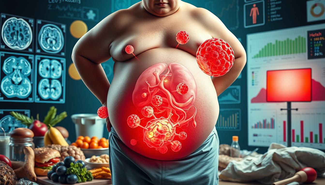 a vibrant, photorealistic depiction of the connection between obesity and cancer, featuring a central figure of an overweight person in the foreground, with a detailed anatomical representation of cancer cells and tumors emerging from their body, surrounded by a middle ground of unhealthy foods and sedentary lifestyle elements, and a background of medical imagery such as MRI scans, x-rays, and charts illustrating the increased cancer risk associated with obesity, all rendered in a dramatic, high-contrast lighting that emphasizes the severity and urgency of the subject matter.