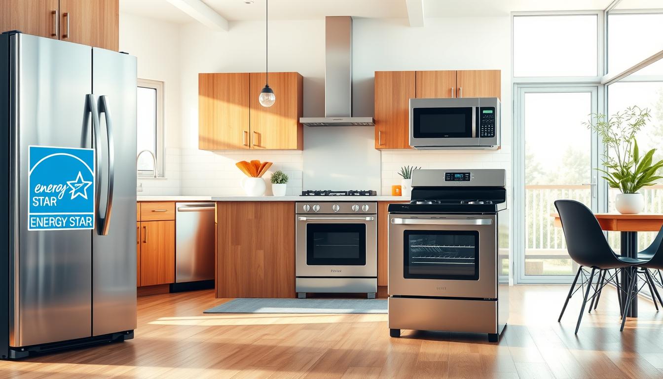 a vibrant, realistic scene of modern energy-efficient home appliances in a well-lit kitchen setting. In the foreground, a sleek stainless steel refrigerator, dishwasher, and oven with the distinct Energy Star logo prominently displayed. In the middle ground, a kitchen island with a gas stovetop and microwave, all showcasing the energy-saving features. The background features warm wooden cabinetry, bright natural lighting from large windows, and a minimalist, eco-friendly decor that complements the high-efficiency appliances. The overall scene conveys a sense of environmental responsibility and modern, sustainable home design.