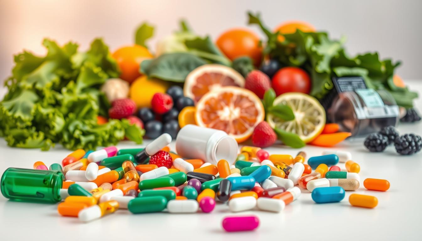 a vibrant still life composition depicting various medications and functional foods in close proximity, showcasing their potential interactions. The foreground features an assortment of colorful supplements, pills, and capsules, arranged artfully on a clean, white surface. The middle ground introduces an array of fresh produce, including leafy greens, berries, and citrus fruits, highlighting the role of nutrient-dense foods in supporting overall health. The background softly blurs, creating a sense of depth and drawing the viewer's attention to the central elements. The lighting is warm and natural, casting gentle shadows and enhancing the vibrant hues of the subject matter. The overall scene conveys a sense of balance, suggesting the delicate interplay between conventional and functional approaches to wellness. a vibrant still life composition depicting various medications and functional foods in close proximity, showcasing their potential interactions. The foreground features an assortment of colorful supplements, pills, and capsules, arranged artfully on a clean, white surface. The middle ground introduces an array of fresh produce, including leafy greens, berries, and citrus fruits, highlighting the role of nutrient-dense foods in supporting overall health. The background softly blurs, creating a sense of depth and drawing the viewer's attention to the central elements. The lighting is warm and natural, casting gentle shadows and enhancing the vibrant hues of the subject matter. The overall scene conveys a sense of balance, suggesting the delicate interplay between conventional and functional approaches to wellness.
