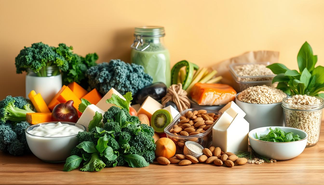 a vibrant still life of various functional foods that promote bone health, arranged on a wooden table against a plain, light-colored background. In the foreground, place a variety of fresh vegetables like broccoli, kale, and spinach, as well as dairy products like yogurt and cheese. In the middle ground, include protein-rich foods such as salmon, tofu, and almonds. In the background, incorporate whole grains like oats and quinoa. Incorporate warm, natural lighting from the side, casting soft shadows and highlighting the textures and colors of the ingredients. Convey a sense of wholesomeness, nutrition, and the power of functional foods to support strong, healthy bones. a vibrant still life of various functional foods that promote bone health, arranged on a wooden table against a plain, light-colored background. In the foreground, place a variety of fresh vegetables like broccoli, kale, and spinach, as well as dairy products like yogurt and cheese. In the middle ground, include protein-rich foods such as salmon, tofu, and almonds. In the background, incorporate whole grains like oats and quinoa. Incorporate warm, natural lighting from the side, casting soft shadows and highlighting the textures and colors of the ingredients. Convey a sense of wholesomeness, nutrition, and the power of functional foods to support strong, healthy bones.