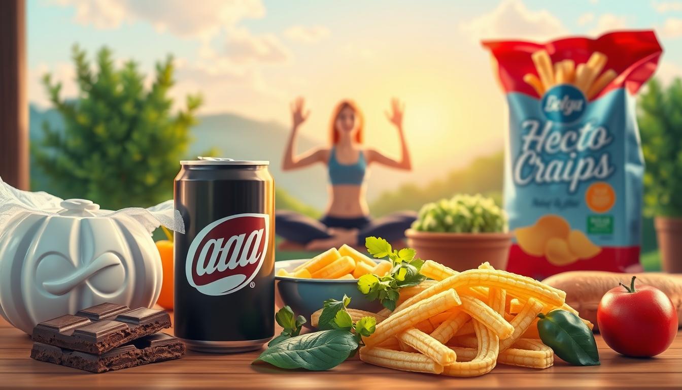a well-lit, detailed illustration of a variety of healthy foods and lifestyle activities arranged to represent different craving triggers, such as a piece of chocolate, a soda can, and a bag of chips in the foreground, with a person doing yoga or meditation in the middle ground, and a serene outdoor scene in the background, all rendered in a vibrant, colorful, and visually appealing style using a wide-angle lens a well-lit, detailed illustration of a variety of healthy foods and lifestyle activities arranged to represent different craving triggers, such as a piece of chocolate, a soda can, and a bag of chips in the foreground, with a person doing yoga or meditation in the middle ground, and a serene outdoor scene in the background, all rendered in a vibrant, colorful, and visually appealing style using a wide-angle lens