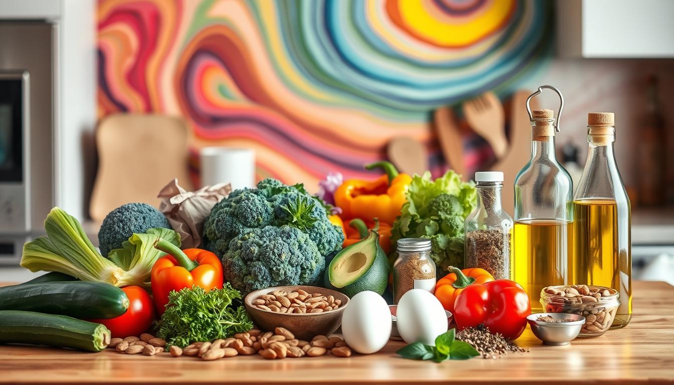 a well-lit kitchen counter with a variety of low-carb ingredients artfully arranged, including a mix of fresh vegetables like zucchini, broccoli, and bell peppers, high-protein foods like eggs and almonds, healthy fats such as avocado and olive oil, and low-carb seasonings and herbs, all set against a backdrop of vibrant swirling colors that create a sense of energy and vitality, shot from a slightly elevated angle to showcase the variety and abundance of these budget-friendly low-carb staples