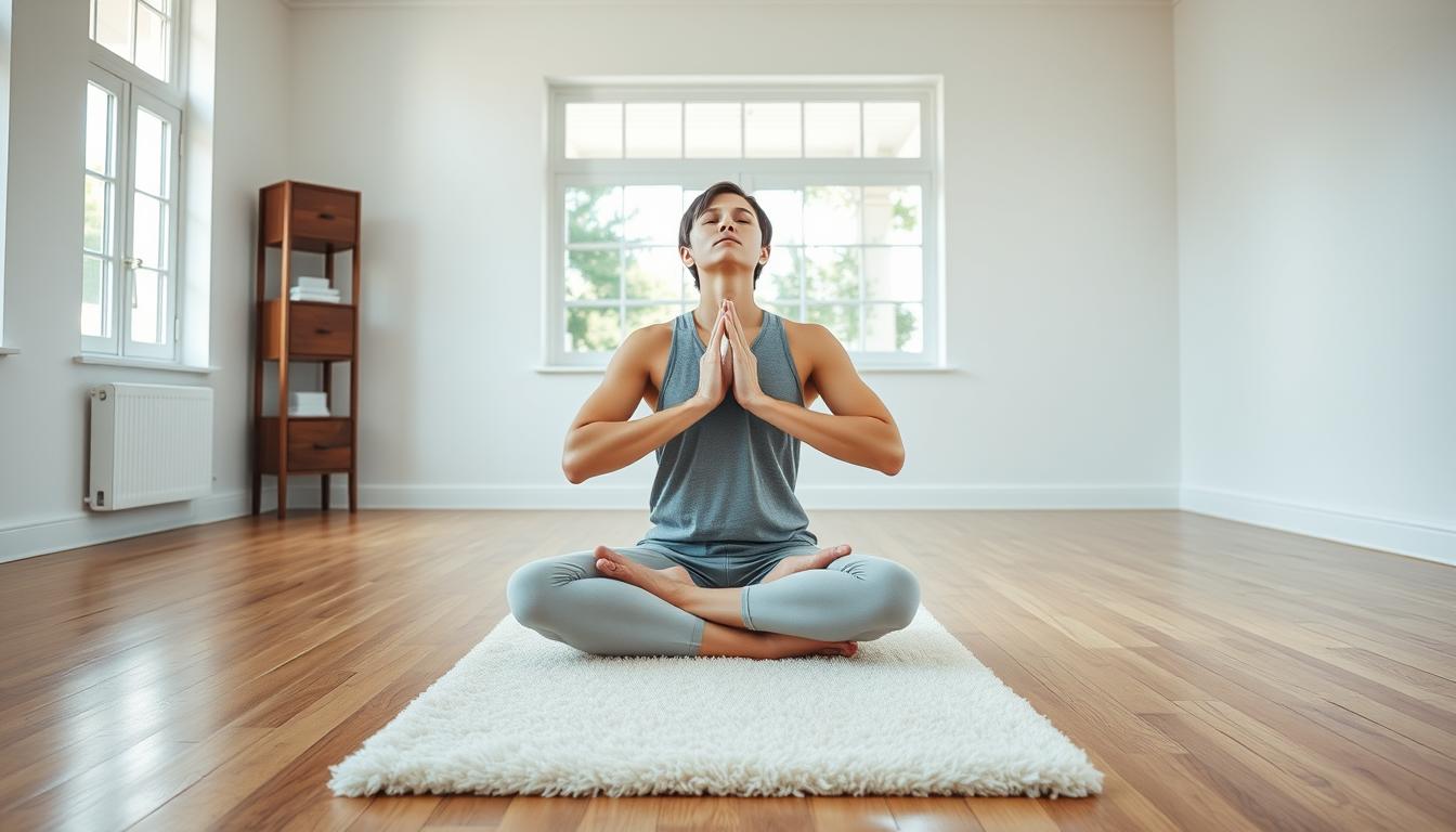 a well-lit, serene studio space with natural lighting, hardwood floors, and soothing white walls. A person is seated cross-legged on a plush, cream-colored yoga mat, their eyes closed in deep concentration as they practice controlled, rhythmic breathing. The scene exudes a sense of tranquility and mindfulness, with the person's posture conveying a state of focus and relaxation. The lighting is soft and diffused, creating a vibrant, yet calming atmosphere. The overall composition emphasizes the act of breathwork, with the subject's body and the surroundings working together to create a visually compelling and conceptually meaningful image.
