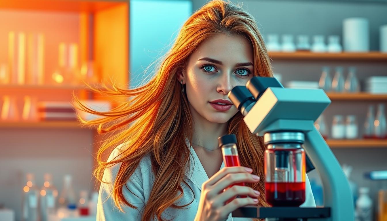a young woman with flowing auburn hair and fair skin standing in a laboratory, her eyes filled with determination as she examines a vial of blood under a high-powered microscope. The lab is bathed in a vibrant, warm light that accentuates the energy and promise of the research. In the background, shelves of scientific equipment and glassware suggest a bustling, well-equipped facility dedicated to unraveling the secrets of longevity. The woman's posture is confident, her brow furrowed in concentration, hinting at the groundbreaking discoveries that may emerge from this line of inquiry. The overall scene conveys a sense of scientific exploration, hope, and the boundless potential of young blood research. a young woman with flowing auburn hair and fair skin standing in a laboratory, her eyes filled with determination as she examines a vial of blood under a high-powered microscope. The lab is bathed in a vibrant, warm light that accentuates the energy and promise of the research. In the background, shelves of scientific equipment and glassware suggest a bustling, well-equipped facility dedicated to unraveling the secrets of longevity. The woman's posture is confident, her brow furrowed in concentration, hinting at the groundbreaking discoveries that may emerge from this line of inquiry. The overall scene conveys a sense of scientific exploration, hope, and the boundless potential of young blood research.