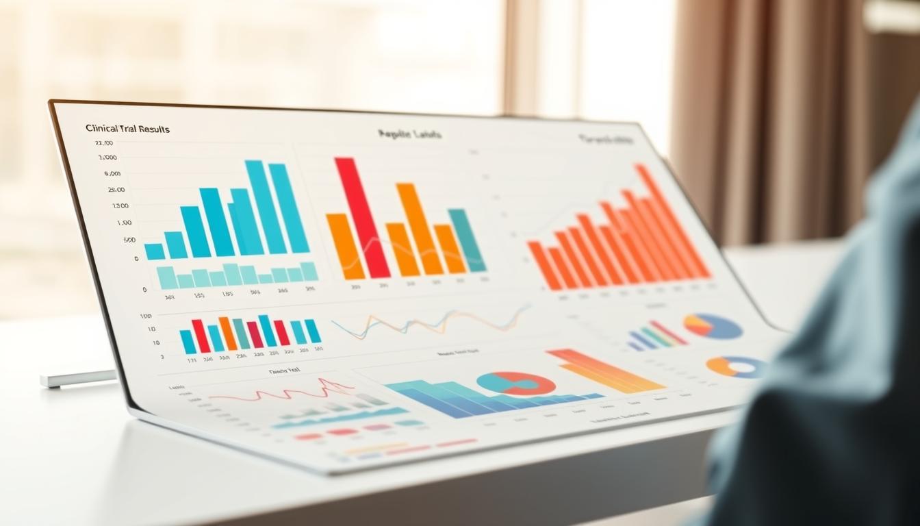 clinical trial results comparison, showing data visualizations like bar graphs, line charts, and scatter plots on a clean, professional-looking table or dashboard layout, with a vibrant color palette and modern typography, evenly lit from the side to create depth and texture, photographed with a high-quality DSLR camera using a medium-wide angle lens, creating a sense of focus and clarity on the clinical data, in a serene, neutral-toned background that subtly suggests the medical or research context