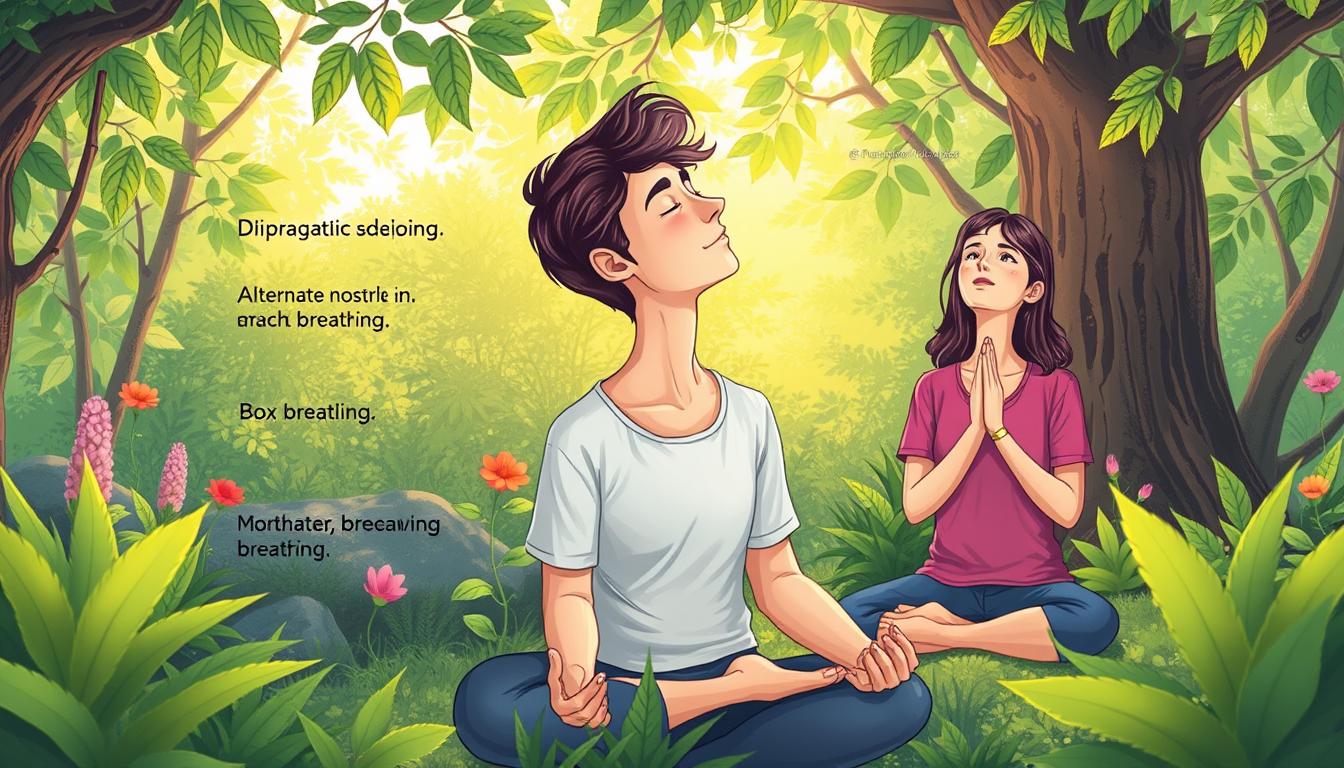 detailed illustration of a person performing various breathwork techniques, such as diaphragmatic breathing, alternate nostril breathing, and box breathing, in a vibrant, natural setting with lush greenery, sunlight filtering through the leaves, and a serene, calming atmosphere