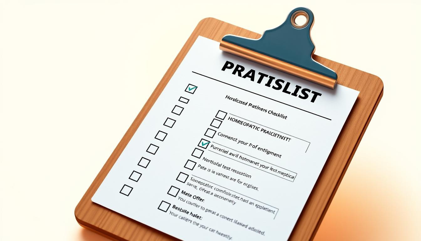 high-quality detailed illustration of a licensed practitioners checklist on a wooden clipboard, rendered in a vibrant, realistic style with warm lighting and a clean, professional appearance; the checklist features a series of checkboxes, headers, and fields to be filled out, presented against a simple, uncluttered background that allows the content to be the focal point; the overall scene conveys a sense of organization, efficiency, and attention to detail that would be appropriate for a section on practical considerations for patients in an article about homeopathic treatment of chronic illness