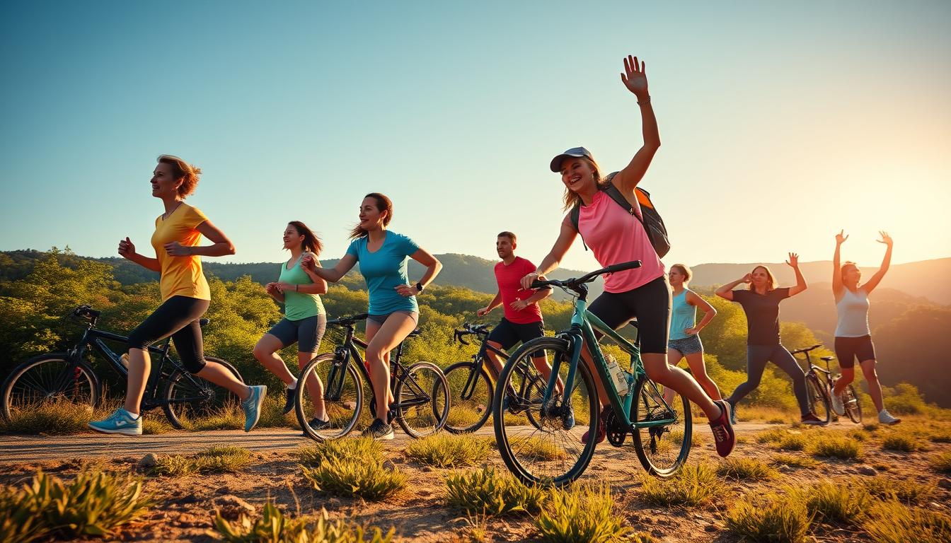 high-resolution image of people engaged in various physical activities like running, cycling, hiking, and yoga, set against a backdrop of lush greenery and a clear blue sky, highlighting the connection between physical fitness and cancer prevention. The scene should convey a sense of energy, vitality, and vibrant health, with the figures in the foreground appearing active and energized. The lighting should be natural and warm, with a lens that captures the scene in a wide, panoramic view to emphasize the idea of an active, outdoor lifestyle. The overall mood should be uplifting and inspirational, encouraging the viewer to embrace a physically active lifestyle as a natural defense against cancer.