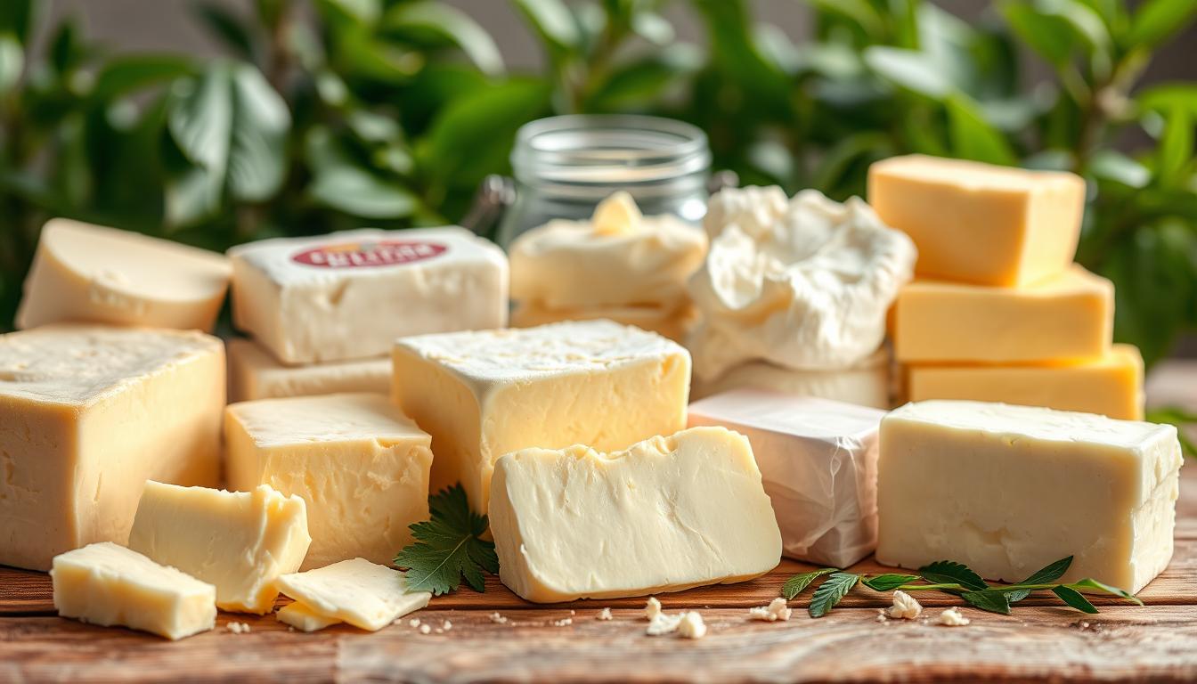 vibrant, close-up shot of an assortment of natural, organic butter varieties on a wooden table, highlighting their distinct textures, colors, and fat content, with soft, warm lighting illuminating the scene, conveying the rich, creamy quality of the dairy products, a middle ground featuring a glass jar of cultured butter, and a background of lush, green leaves or plants to emphasize the wholesome, natural origins of the ingredients vibrant, close-up shot of an assortment of natural, organic butter varieties on a wooden table, highlighting their distinct textures, colors, and fat content, with soft, warm lighting illuminating the scene, conveying the rich, creamy quality of the dairy products, a middle ground featuring a glass jar of cultured butter, and a background of lush, green leaves or plants to emphasize the wholesome, natural origins of the ingredients