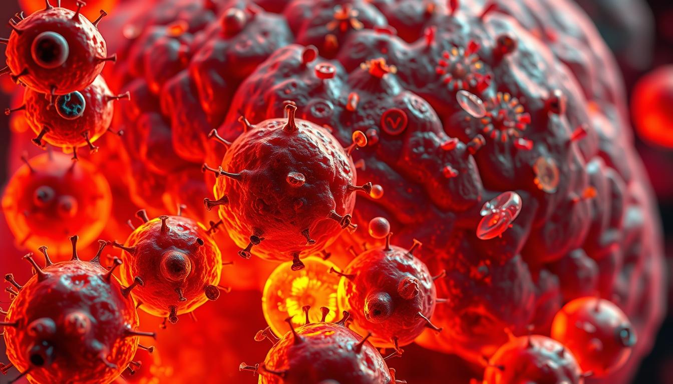 vibrant, close-up view of human cells infected with various pathogens, including bacteria, viruses, and parasites, against a backdrop of a cancerous tumor, with a focus on the interplay between infections and the development of cancer, creating an unsettling yet informative visual representation, illuminated by warm, dramatic lighting, capturing the complex relationship between the body's immune response and the progression of malignant growths