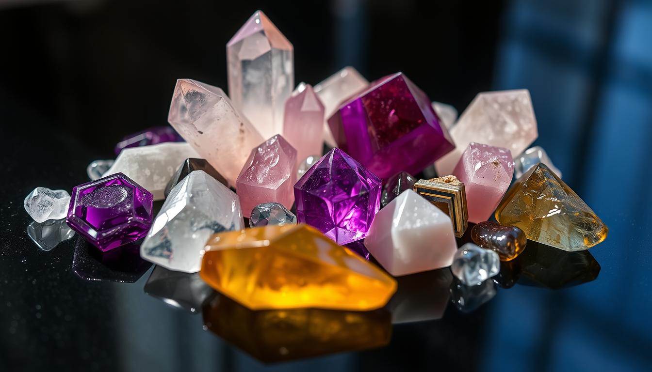 vibrant crystal energy properties, close-up view of various types of crystals and gemstones such as amethyst, quartz, rose quartz, and citrine, arranged in a visually striking pattern on a dark, reflective surface, with soft natural lighting creating a serene and calming atmosphere, emphasizing the intricate details and inner glow of the crystals, conveying a sense of the healing and spiritual properties often associated with these natural formations