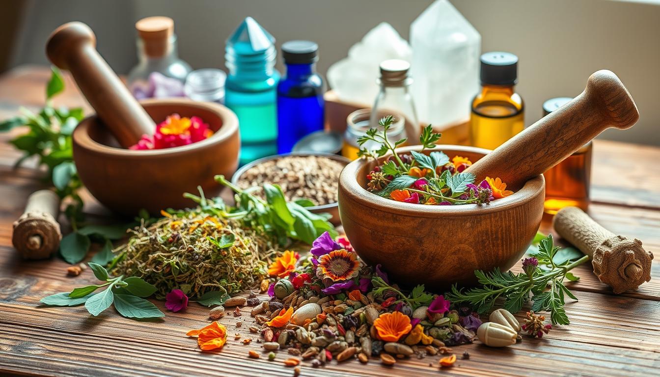 vibrant herbal pain relievers arranged on a wooden table, natural lighting highlighting their vibrant colors and textures - mortar and pestle, dried herbs and flowers, essential oil bottles, healing crystals in the background, creating a serene, earthy atmosphere for natural pain relief