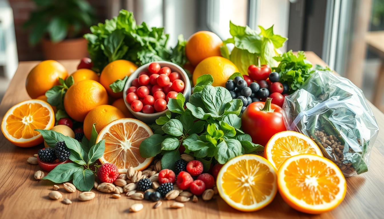 vibrant, high-contrast still life of a variety of vitamin-rich foods arranged on a wooden table, natural lighting from window casts warm, soft shadows, close-up view that fills the frame, includes a selection of citrus fruits, leafy greens, berries, nuts, and seeds, each item is crisp, detailed, and saturated with color, the overall composition is balanced and visually appealing, conveying a sense of abundance and nourishment for the immune system vibrant, high-contrast still life of a variety of vitamin-rich foods arranged on a wooden table, natural lighting from window casts warm, soft shadows, close-up view that fills the frame, includes a selection of citrus fruits, leafy greens, berries, nuts, and seeds, each item is crisp, detailed, and saturated with color, the overall composition is balanced and visually appealing, conveying a sense of abundance and nourishment for the immune system