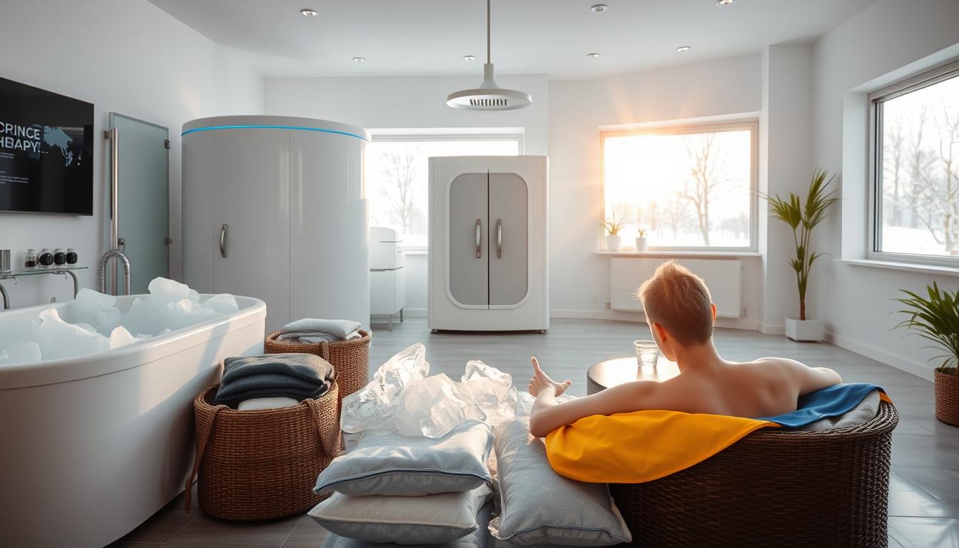 vibrant, high-quality, detailed image of various types of cold therapy equipment and techniques, including an ice bath, cryotherapy chamber, cold water immersion, ice packs, and a person engaging in cold exposure outdoors. The scene is set in a bright, modern wellness center with clean, minimalist design elements. The lighting is natural and diffused, highlighting the textures and colors of the different cold therapy modalities. The overall mood is one of rejuvenation, health, and the benefits of cold exposure for recovery and fat loss.