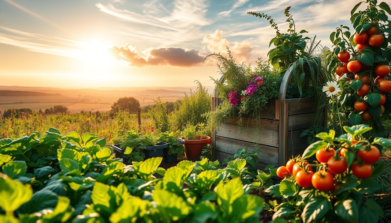 vibrant, lush garden filled with a variety of seasonal vegetables and herbs, illuminated by warm, golden sunlight filtering through wispy clouds. in the foreground, rows of leafy greens, ripe tomatoes, and fragrant herbs sway gently in a light breeze. in the middle ground, a small, rustic wooden planter box overflows with colorful flowers and trailing vines. in the background, a picturesque countryside landscape with rolling hills and a distant, hazy horizon. the overall scene conveys a sense of abundance, tranquility, and the joy of growing your own nourishing, seasonal food. vibrant, lush garden filled with a variety of seasonal vegetables and herbs, illuminated by warm, golden sunlight filtering through wispy clouds. in the foreground, rows of leafy greens, ripe tomatoes, and fragrant herbs sway gently in a light breeze. in the middle ground, a small, rustic wooden planter box overflows with colorful flowers and trailing vines. in the background, a picturesque countryside landscape with rolling hills and a distant, hazy horizon. the overall scene conveys a sense of abundance, tranquility, and the joy of growing your own nourishing, seasonal food.