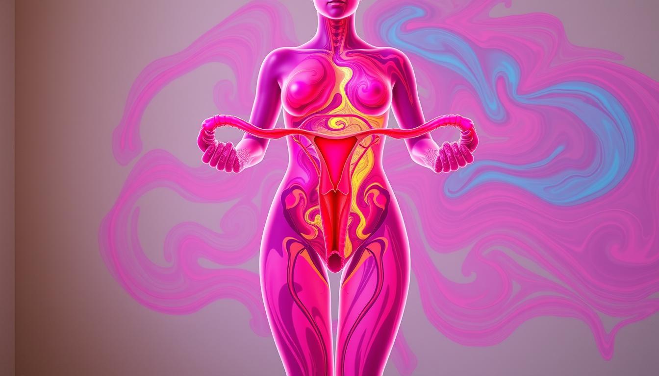 vibrant swirling colors of a woman's body during the menstrual cycle, depicted in detailed anatomical illustrations with a focus on the reproductive system and associated health benefits, presented in a serene, educational and informative manner, with a soft, natural lighting and a clean, minimalist background