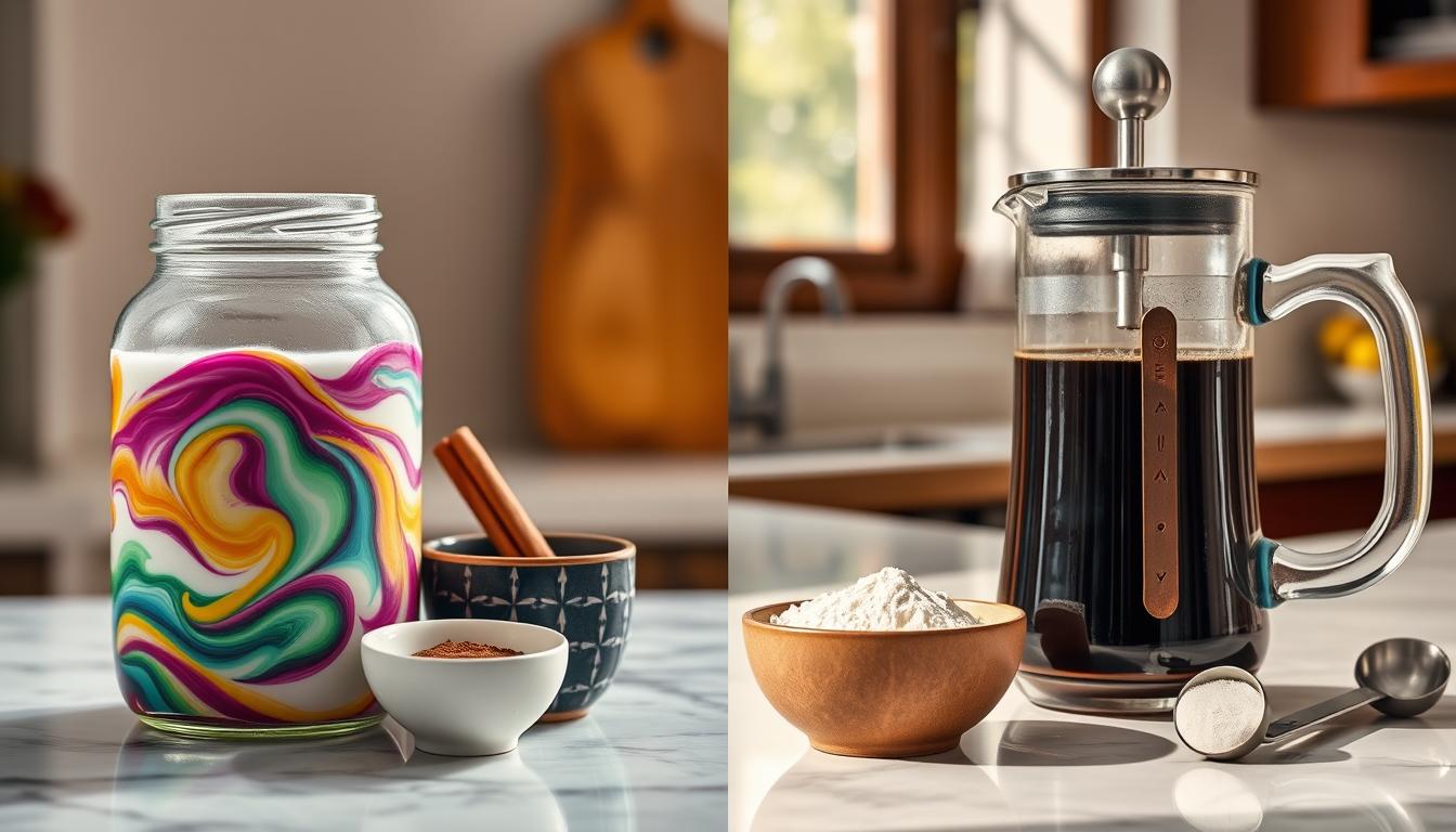 vibrant swirling colors of keto coffee additives displayed in a clear side-by-side comparison, a premium glass jar filled with coconut oil, a ceramic ramekin of cinnamon, a small ceramic bowl of MCT powder, a stainless steel scoop, and a glass carafe of freshly brewed coffee, all arranged neatly on a marble countertop with warm, natural lighting from a large window, capturing the essence of a nourishing and satisfying keto breakfast