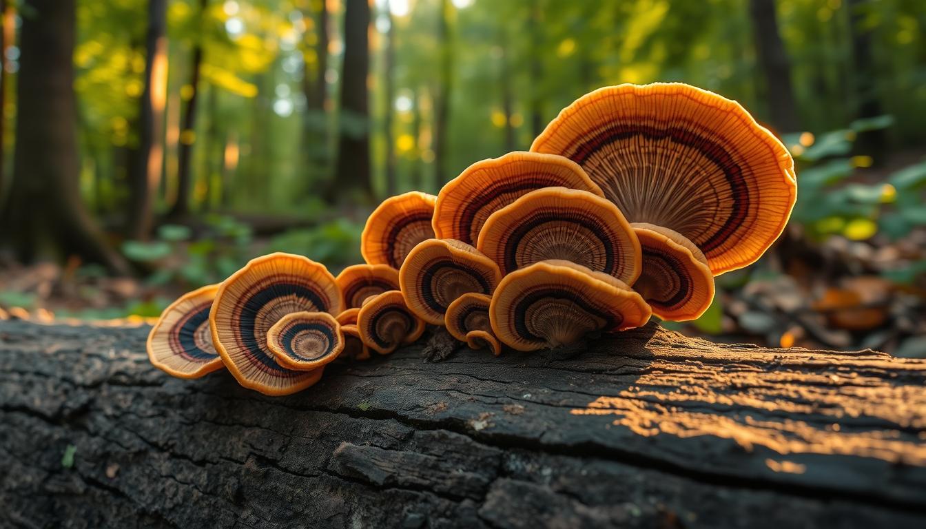 vibrant turkey tail mushrooms growing on a fallen log, with a lush forest backdrop, the mushrooms' distinct concentric rings and velvety textures captured in intricate detail, warm golden-hued lighting casting a soft glow, the scene conveying the natural medicinal power and cancer-fighting properties of this remarkable fungus