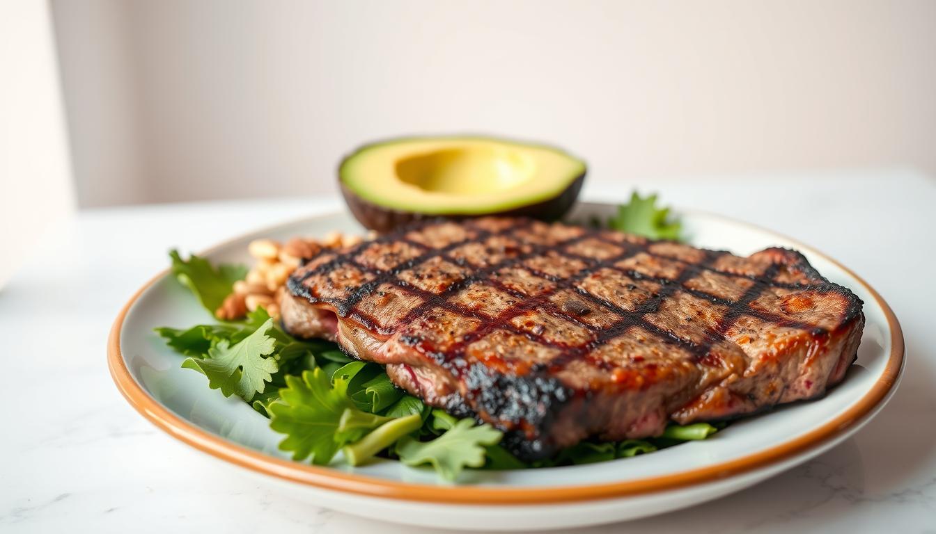 A balanced, nutritious plate showcasing the optimal protein and fat ratio for a keto diet. In the foreground, a close-up of a juicy steak, seared to perfection, resting atop a bed of fresh, vibrant green leafy vegetables. In the middle ground, a small portion of creamy, full-fat avocado and a sprinkle of toasted nuts for additional healthy fats. The background features a clean, minimalist setting, with soft, directional lighting casting a warm, inviting glow over the scene, emphasizing the vibrant colors and textures of the carefully curated keto-friendly ingredients.
