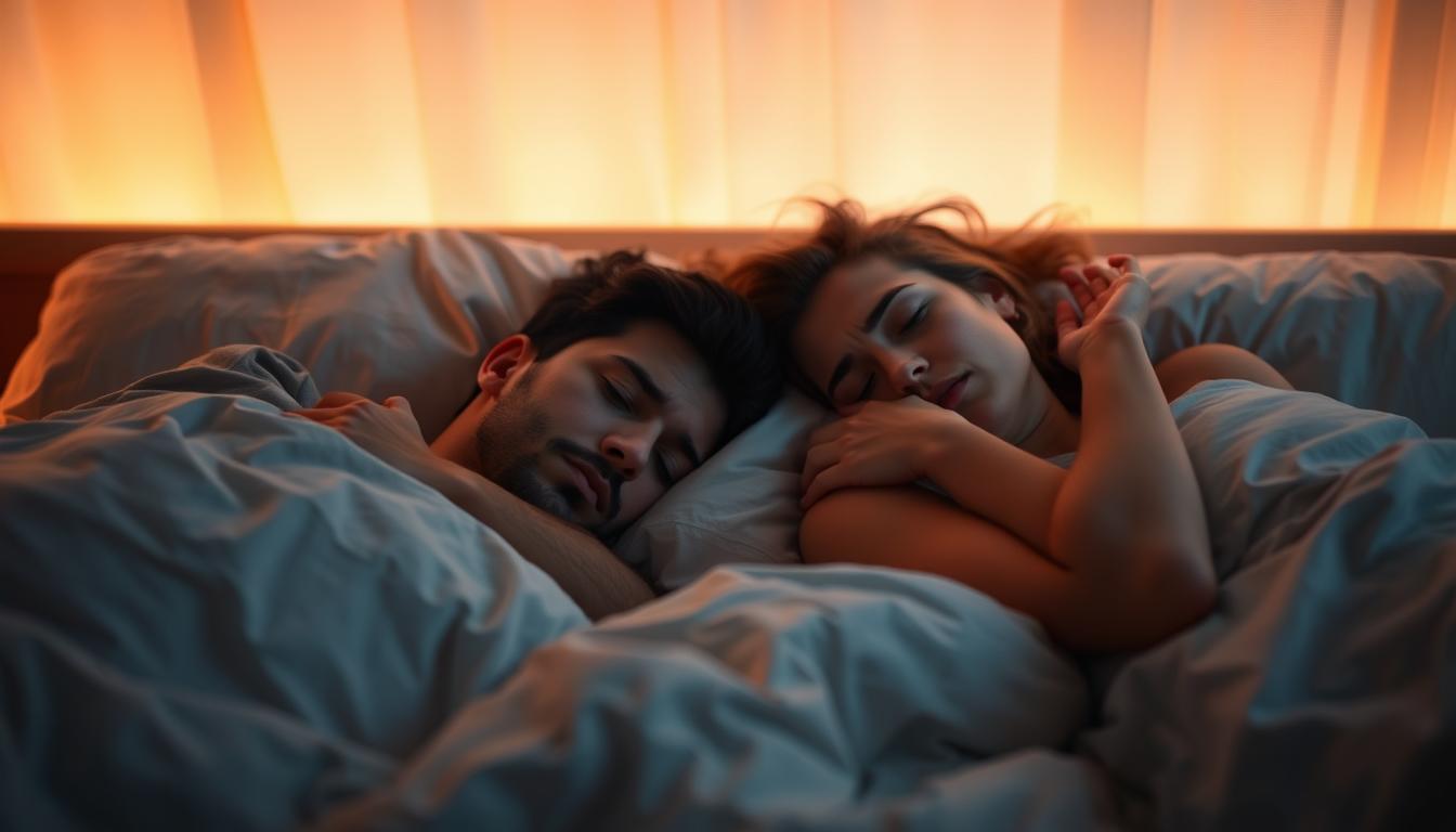 A bedroom scene with a couple sleeping, one partner snoring loudly, disrupting the other's rest. Soft, warm lighting illuminates the room, creating an intimate atmosphere. The snoring partner's face is partly obscured, with only their silhouette visible, emphasizing the disruptive nature of the snoring. The other partner appears frustrated, tossing and turning, unable to find peace. The background is hazy, blurred, suggesting the sense of tiredness and irritation from the lack of quality sleep. The overall mood conveys the strain snoring can place on a relationship, with the vibrant, emotive scene evoking the emotional and physical toll it can take.