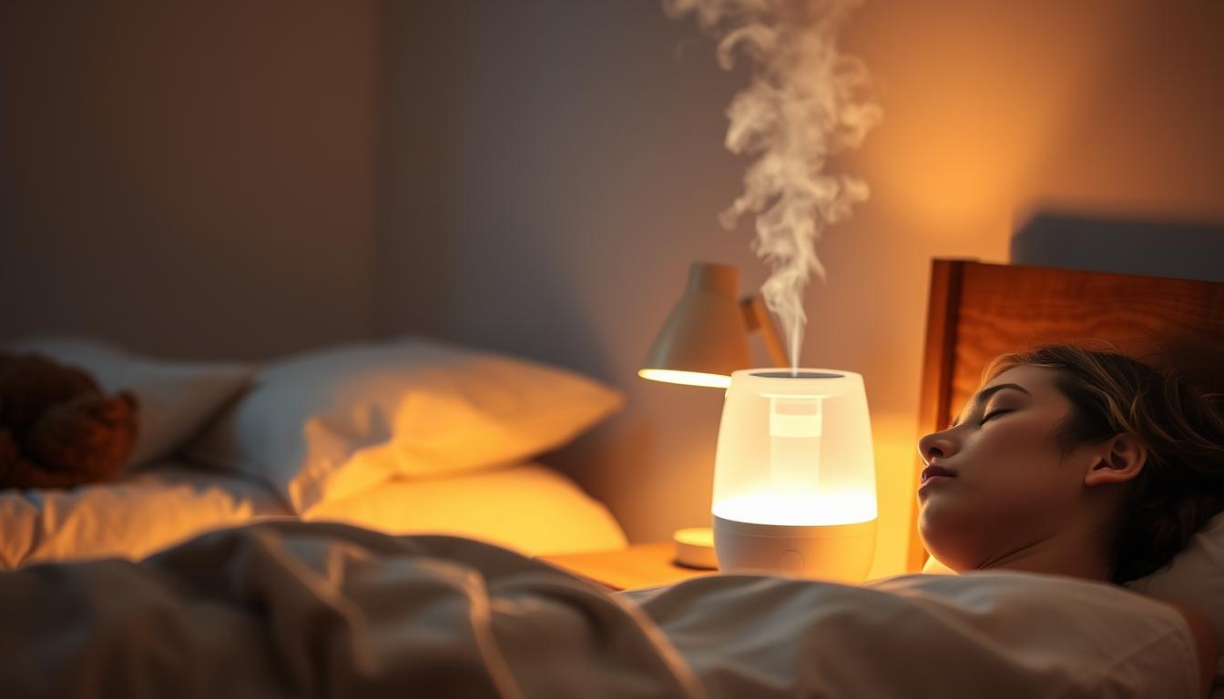 A bedroom scene with a prominently placed humidifier on a nightstand, softly illuminated by a warm, ambient light. The humidifier's steam gently billows, creating a tranquil, misty atmosphere. In the foreground, a person sleeps peacefully, their breathing visibly eased by the humidifier's subtle, vibrant effect. The background features a cozy, minimalist decor, hinting at a comfortable, restful environment conducive to a good night's sleep.