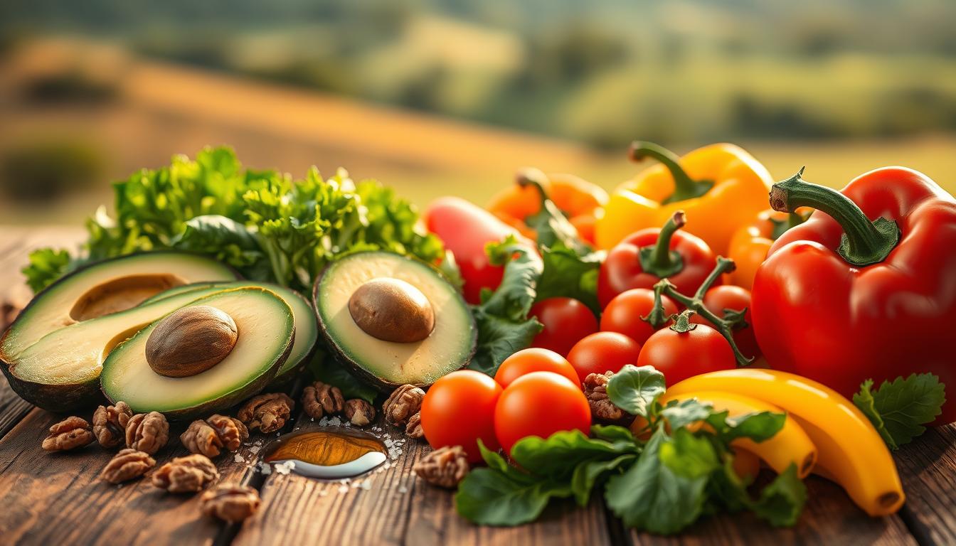 A bountiful display of healthy fats and colorful vegetables arranged artfully on a rustic wooden table, bathed in warm, vibrant lighting. In the foreground, avocado slices, walnuts, and juicy tomatoes nestle alongside crisp leafy greens and vibrant bell peppers. The middle ground features a drizzle of olive oil and a sprinkle of sea salt, highlighting the natural flavors. In the background, a soft, blurred landscape sets a serene, inviting atmosphere, emphasizing the nourishing goodness of this keto-friendly scene.